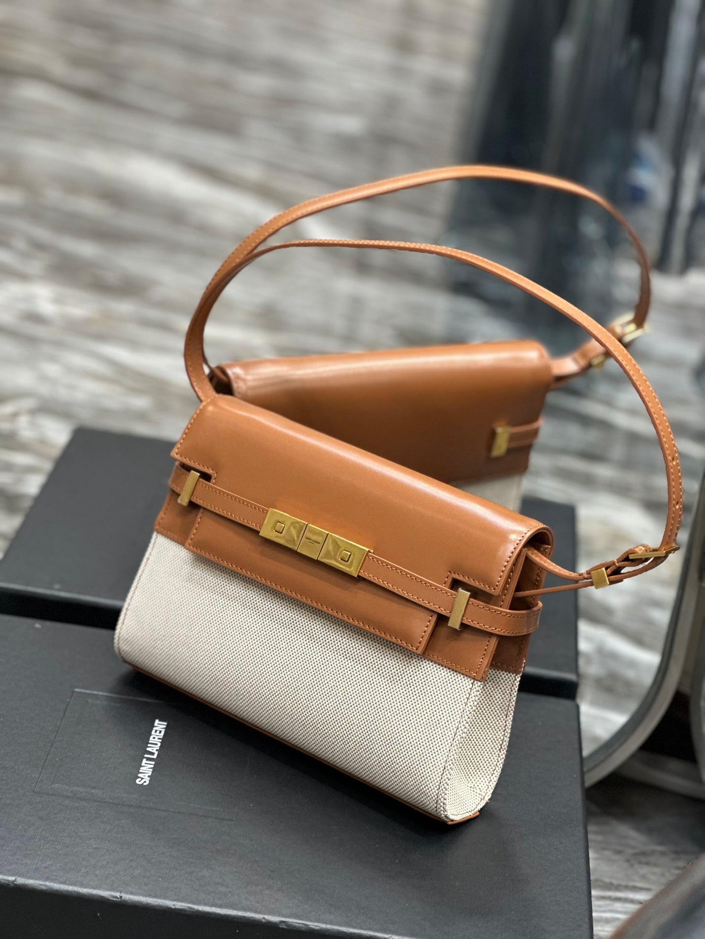 Saint Laurent Manhattan Small Shoulder Bag in Two-Tone Brown and Cream Leather