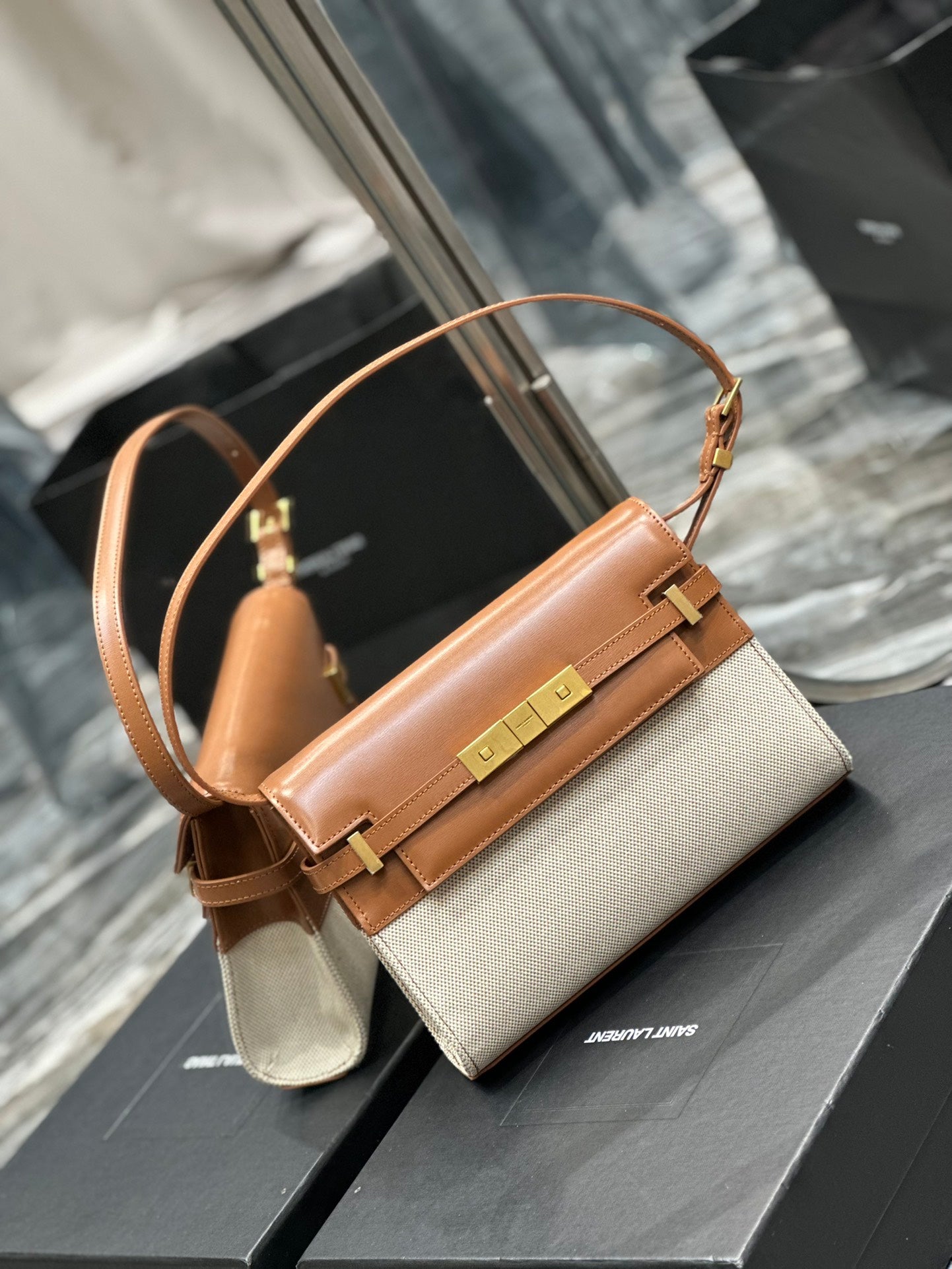 Saint Laurent Manhattan Small Shoulder Bag in Two-Tone Brown and Cream Leather
