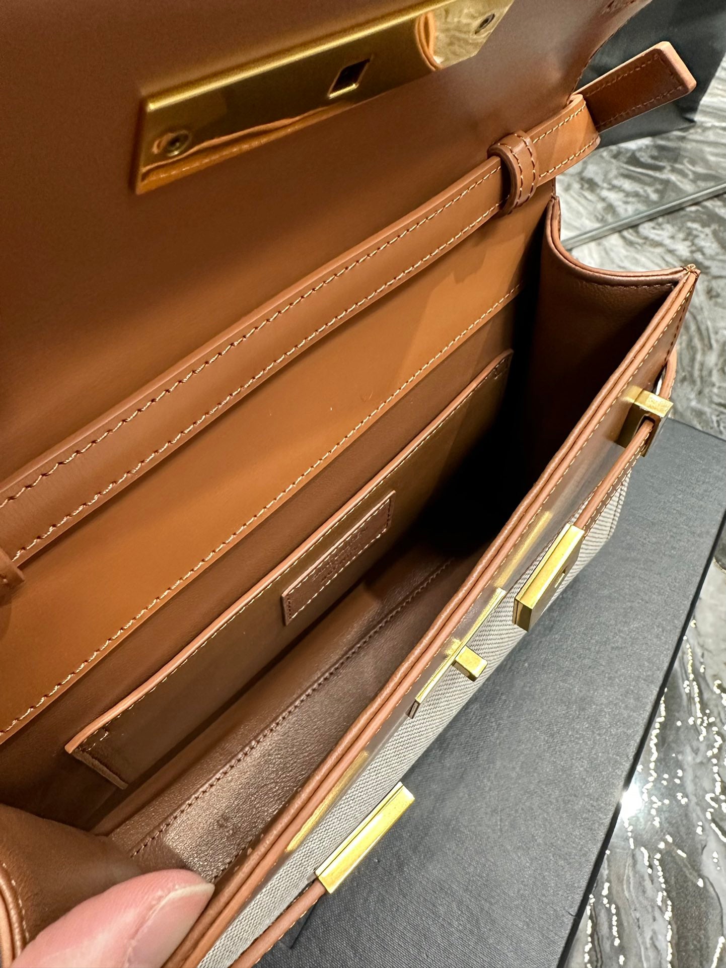 Saint Laurent Manhattan Small Shoulder Bag in Two-Tone Brown and Cream Leather