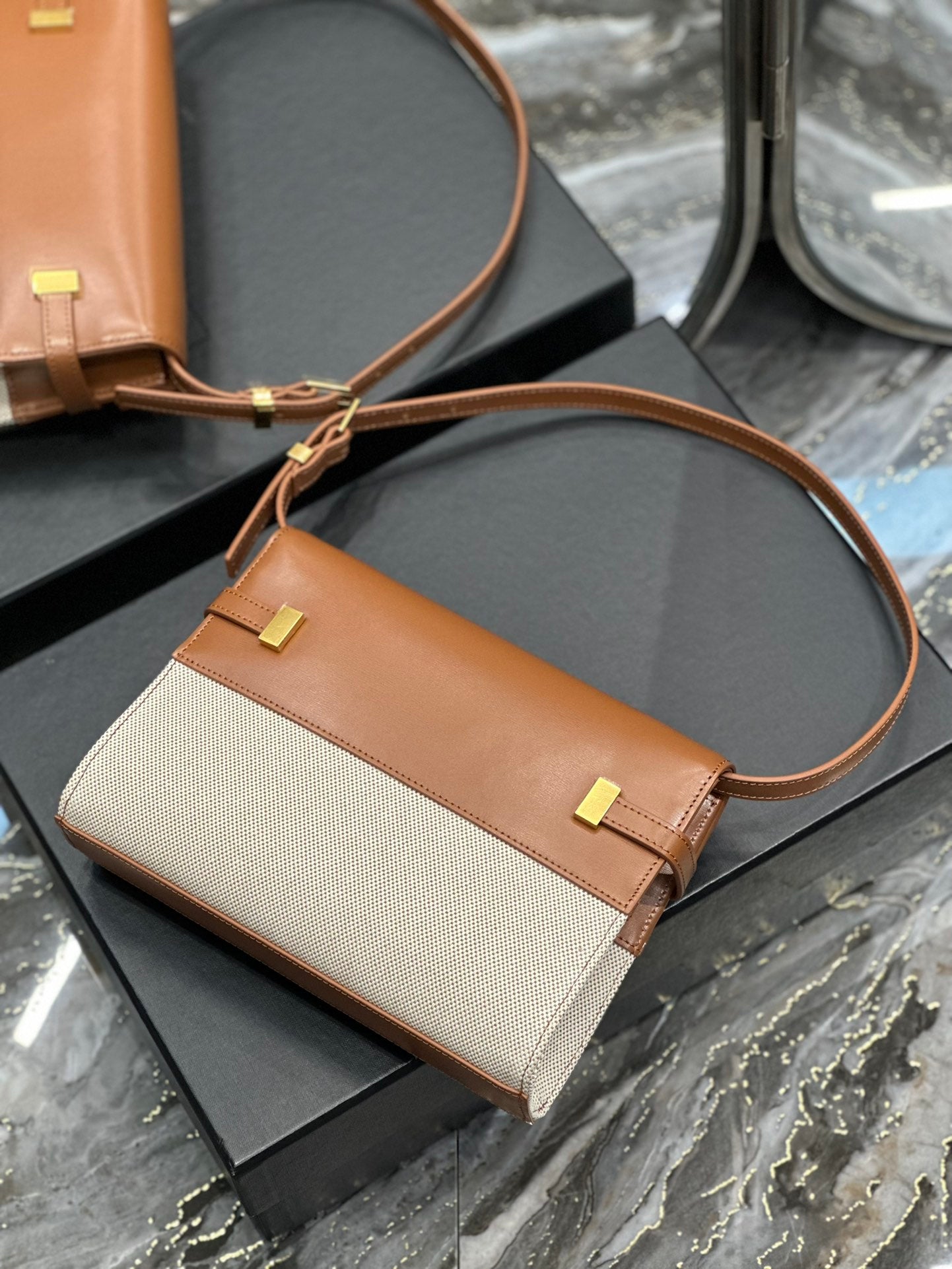 Saint Laurent Manhattan Small Shoulder Bag in Two-Tone Brown and Cream Leather
