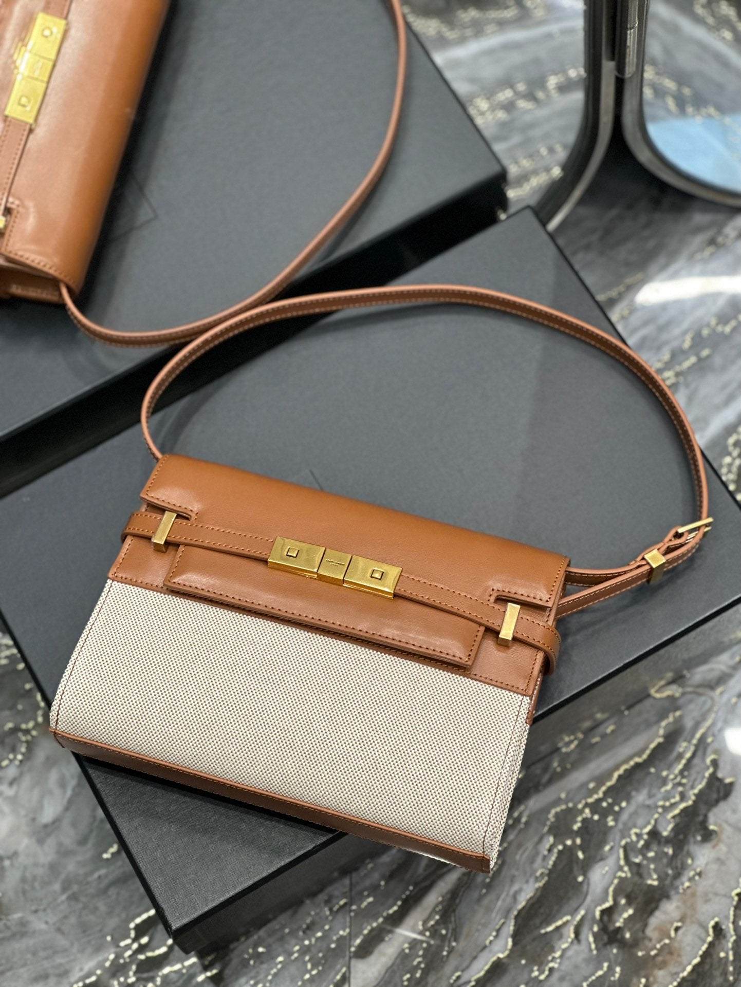 Saint Laurent Manhattan Small Shoulder Bag in Two-Tone Brown and Cream Leather