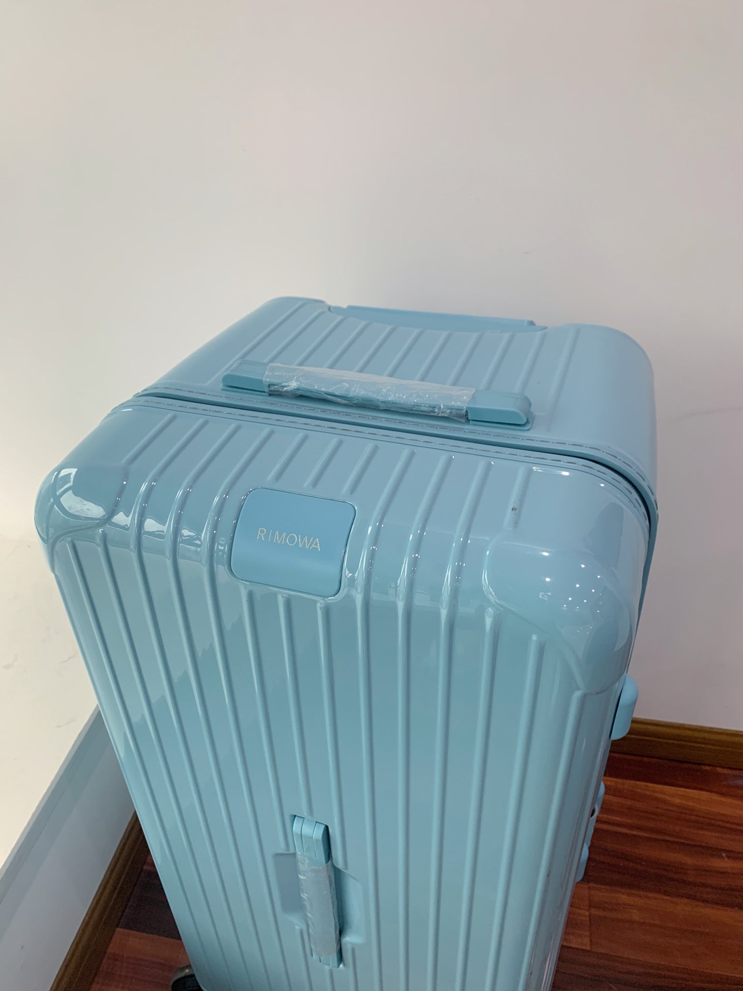 Light Blue Vertical Striped Hardside Spinner Trunk Suitcase