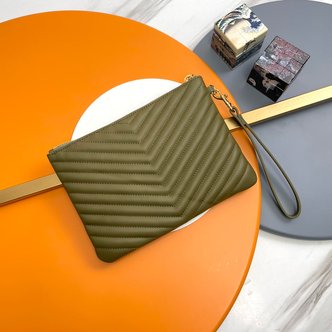Saint Laurent Monogram Pouch in Olive Green Chevron Quilted Leather