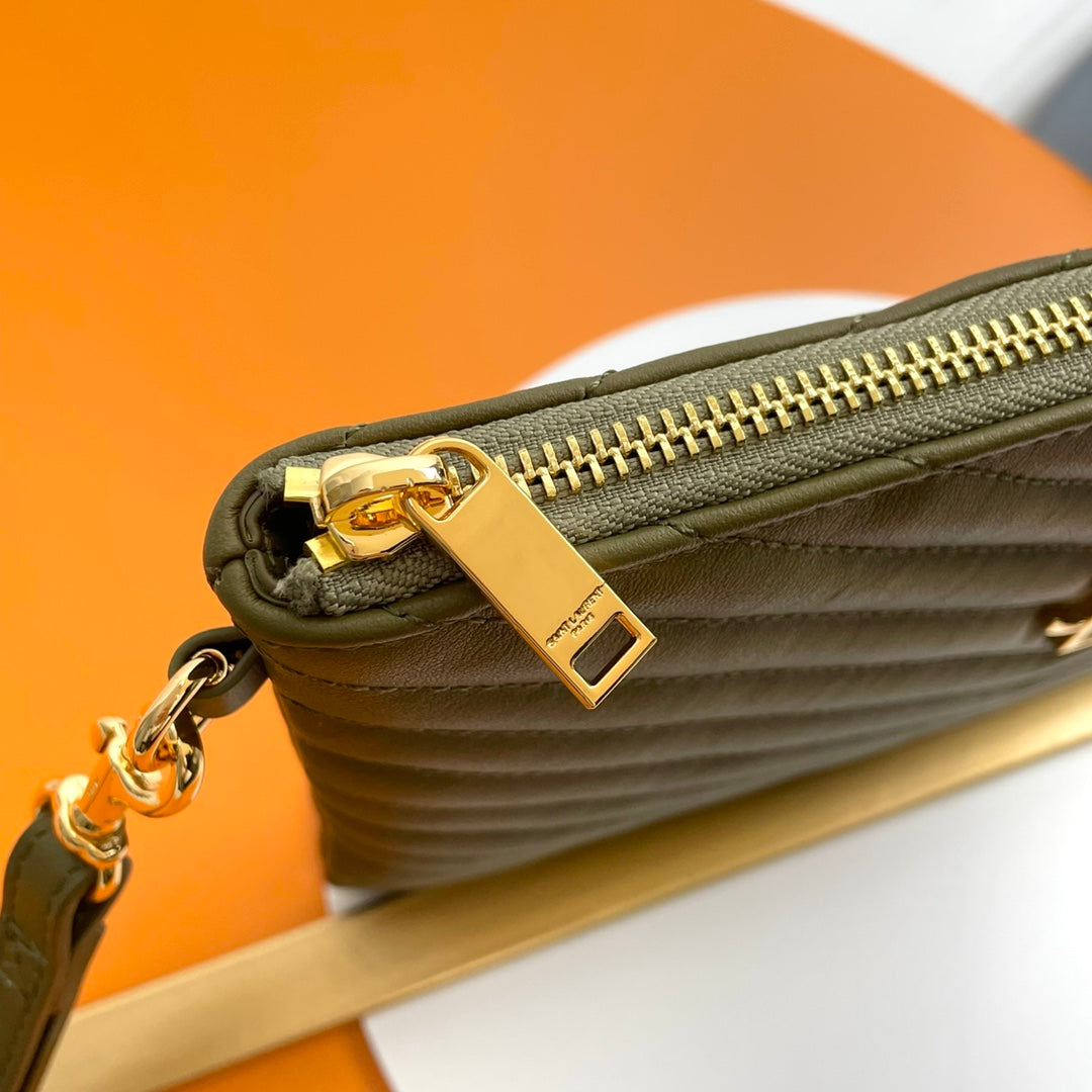 Saint Laurent Monogram Pouch in Olive Green Chevron Quilted Leather