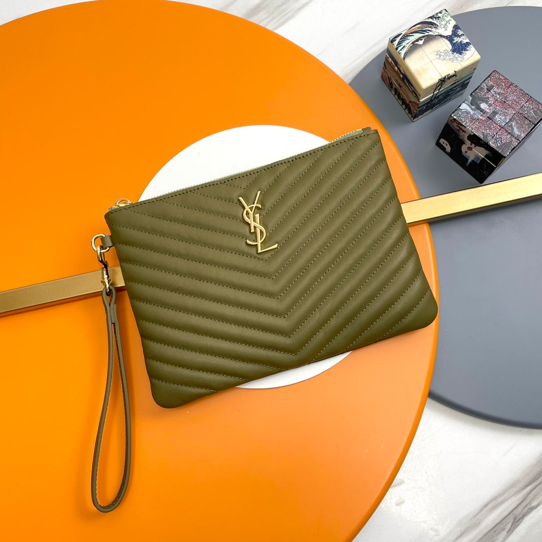 Saint Laurent Monogram Pouch in Olive Green Chevron Quilted Leather