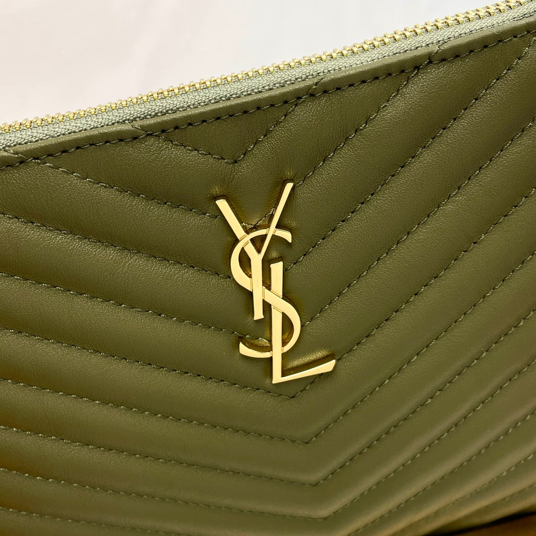 Saint Laurent Monogram Pouch in Olive Green Chevron Quilted Leather