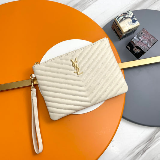 Saint Laurent Monogram Quilted Leather Pouch - Beige