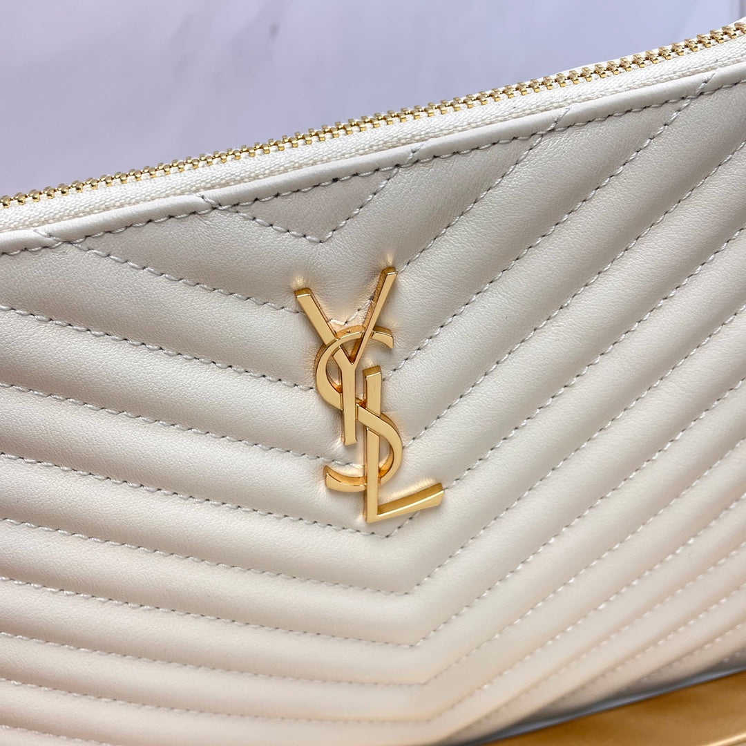 Saint Laurent Monogram Quilted Leather Pouch - Beige