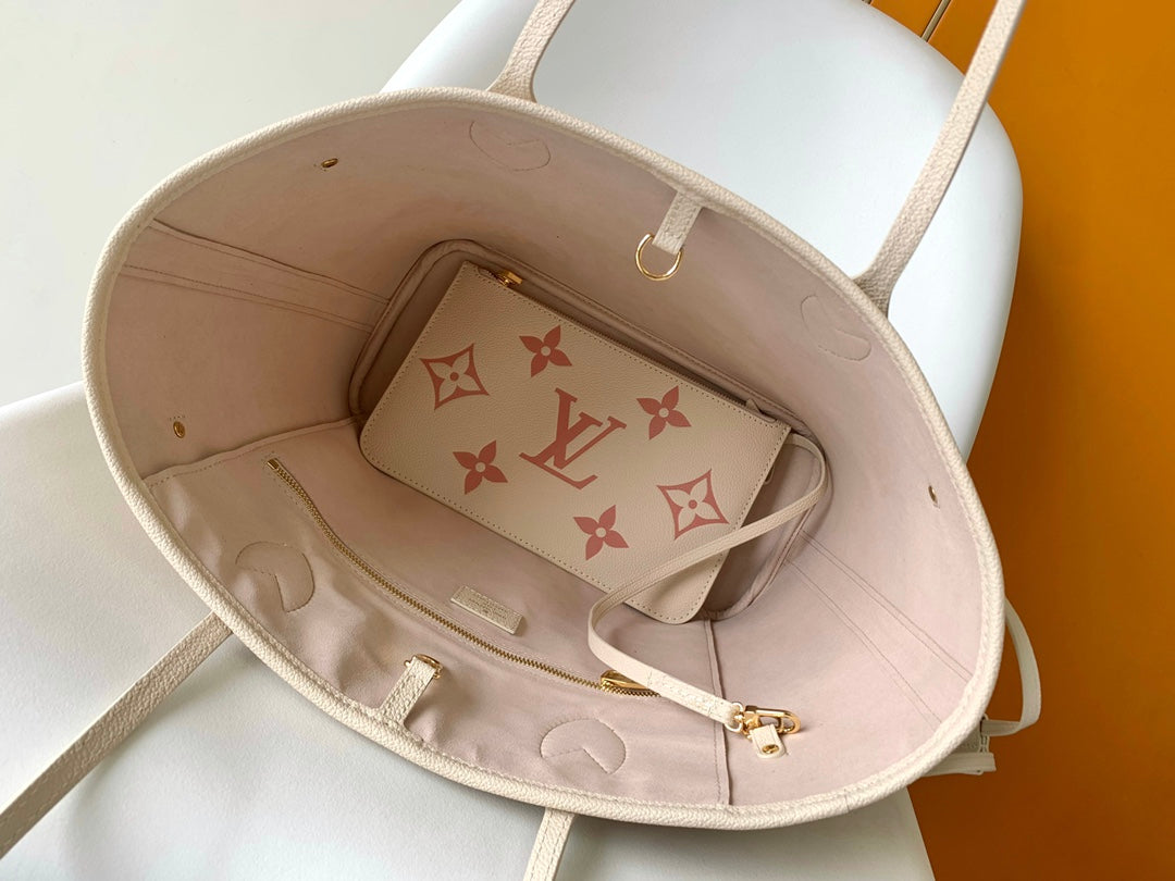 Louis Vuitton Neverfull MM Monogram Empreinte Leather Tote Bag - Beige/Pink