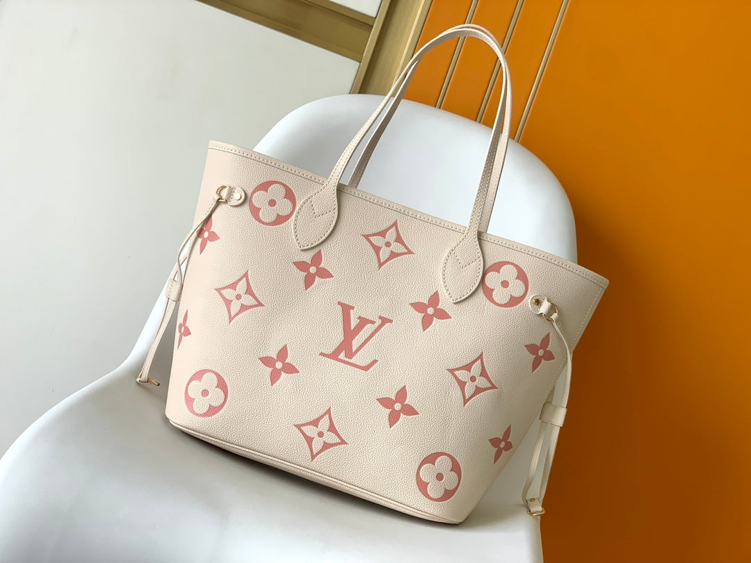 Louis Vuitton Neverfull MM Monogram Empreinte Leather Tote Bag - Beige/Pink