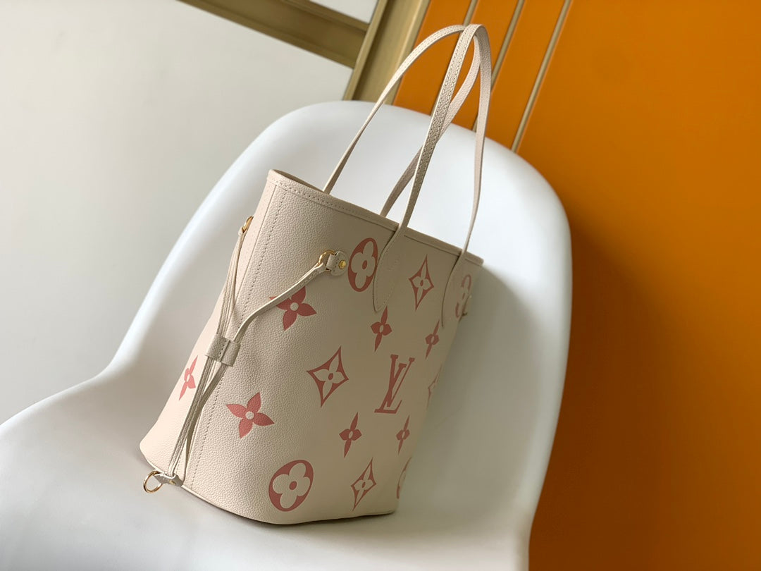 Louis Vuitton Neverfull MM Monogram Empreinte Leather Tote Bag - Beige/Pink