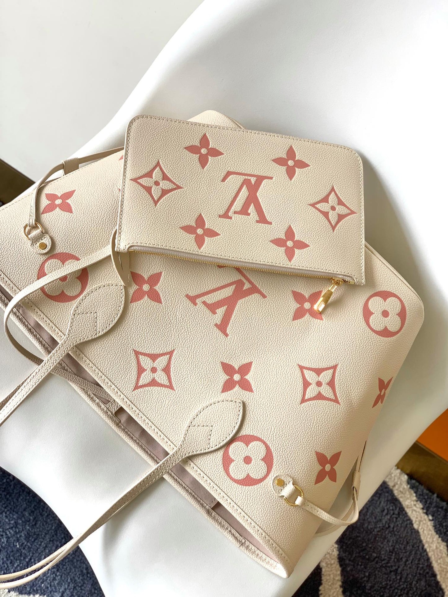 Louis Vuitton Neverfull MM Monogram Empreinte Leather Tote Bag - Beige/Pink