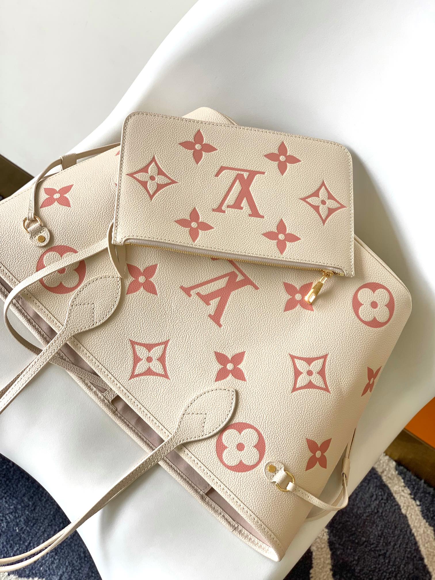 Louis Vuitton Neverfull MM Monogram Empreinte Leather Tote Bag - Beige/Pink
