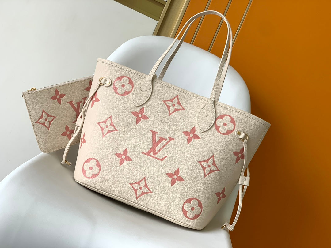 Louis Vuitton Neverfull MM Monogram Empreinte Leather Tote Bag - Beige/Pink