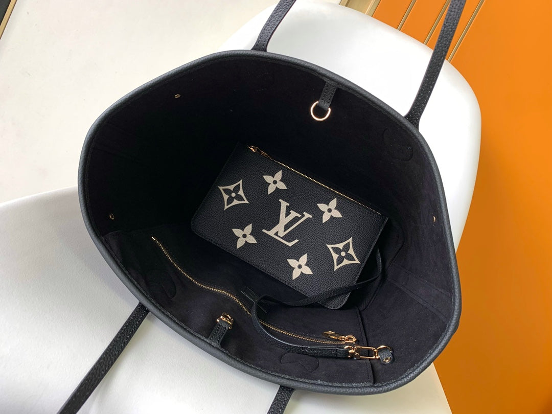 Louis Vuitton Neverfull MM Monogram Empreinte Leather Tote Bag - Black/Beige