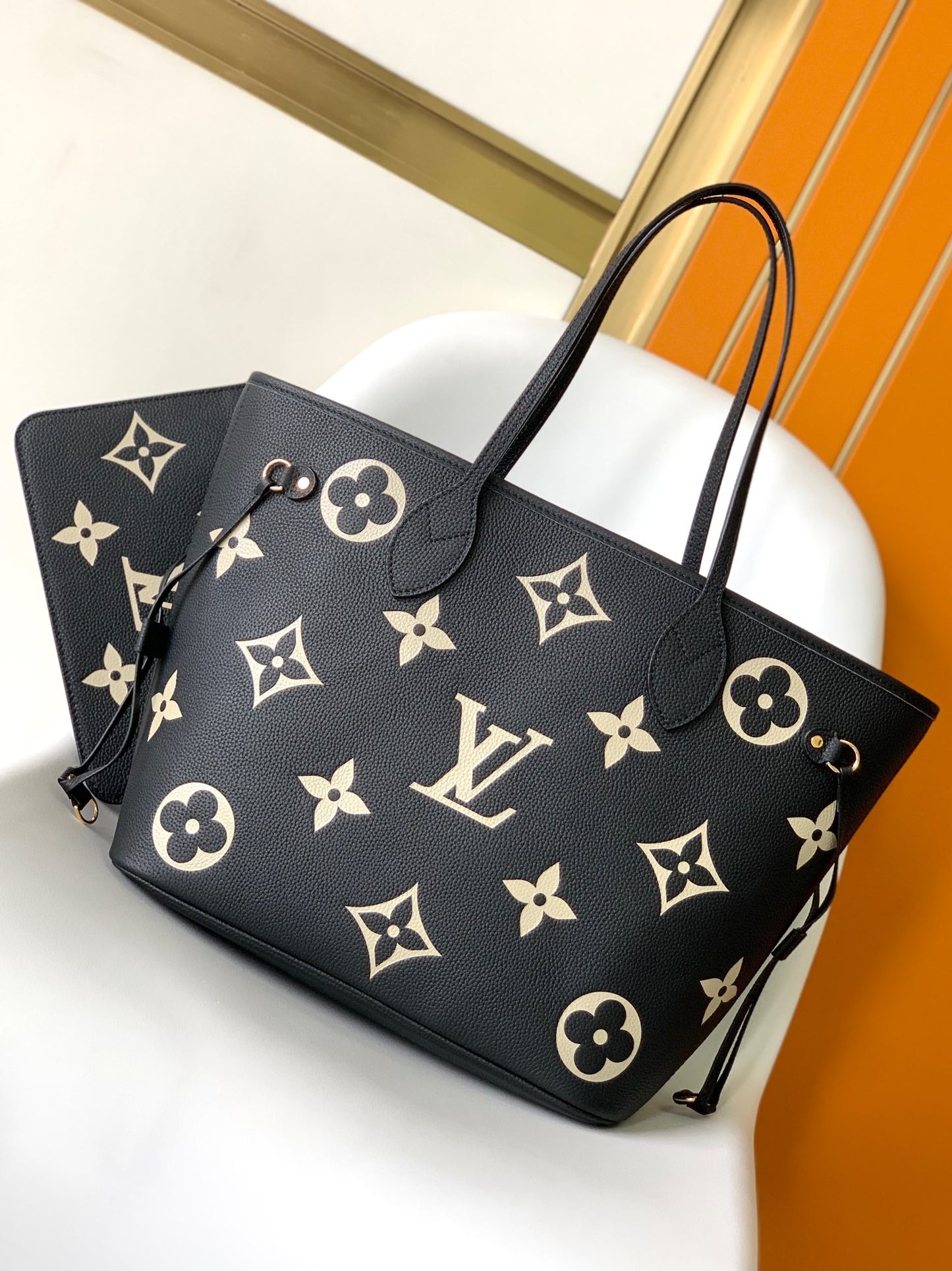 Louis Vuitton Neverfull MM Monogram Empreinte Leather Tote Bag - Black/Beige