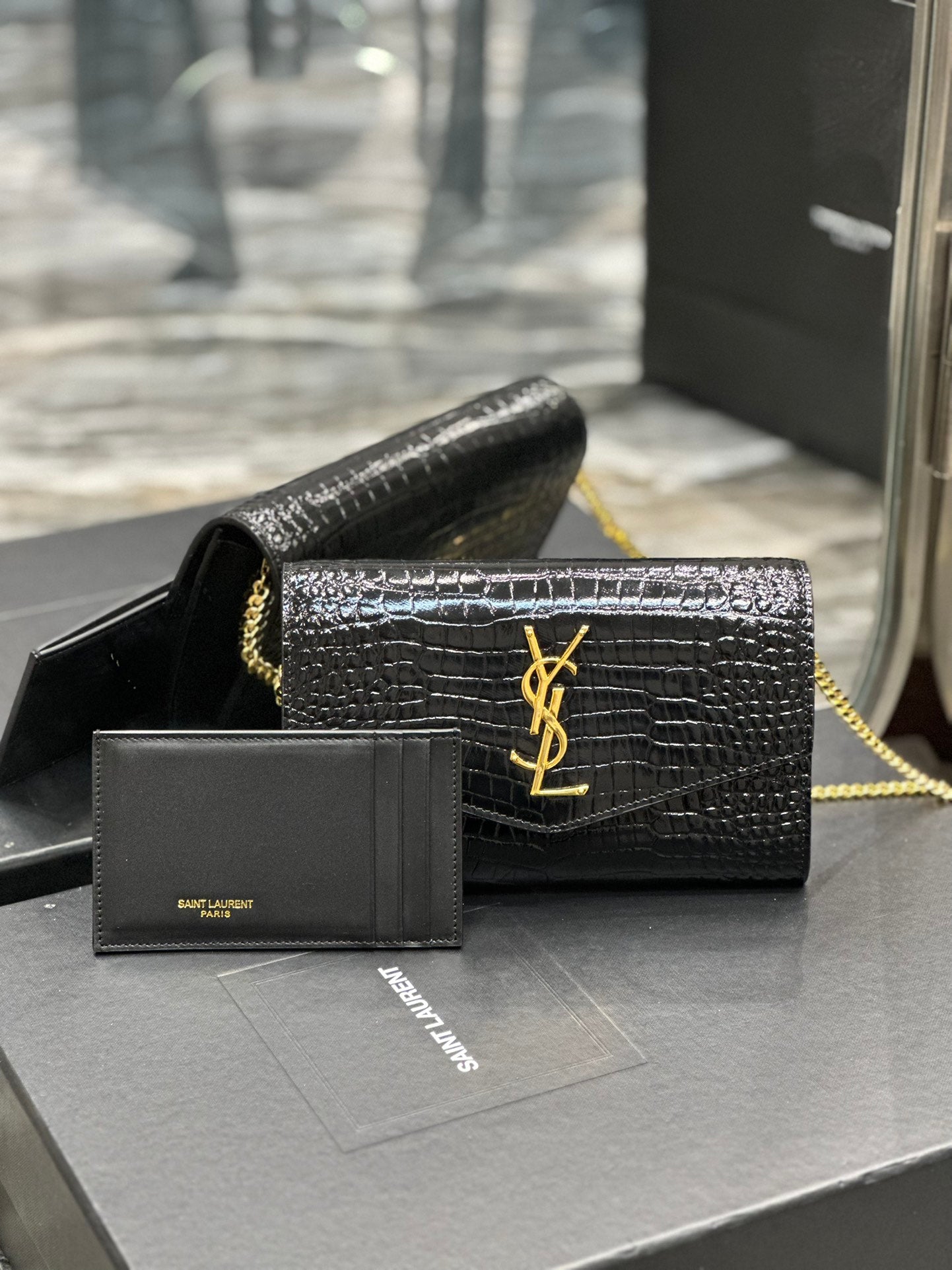 Saint Laurent YSL Black Crocodile-Embossed Leather Wallet on Chain with Cardholder
