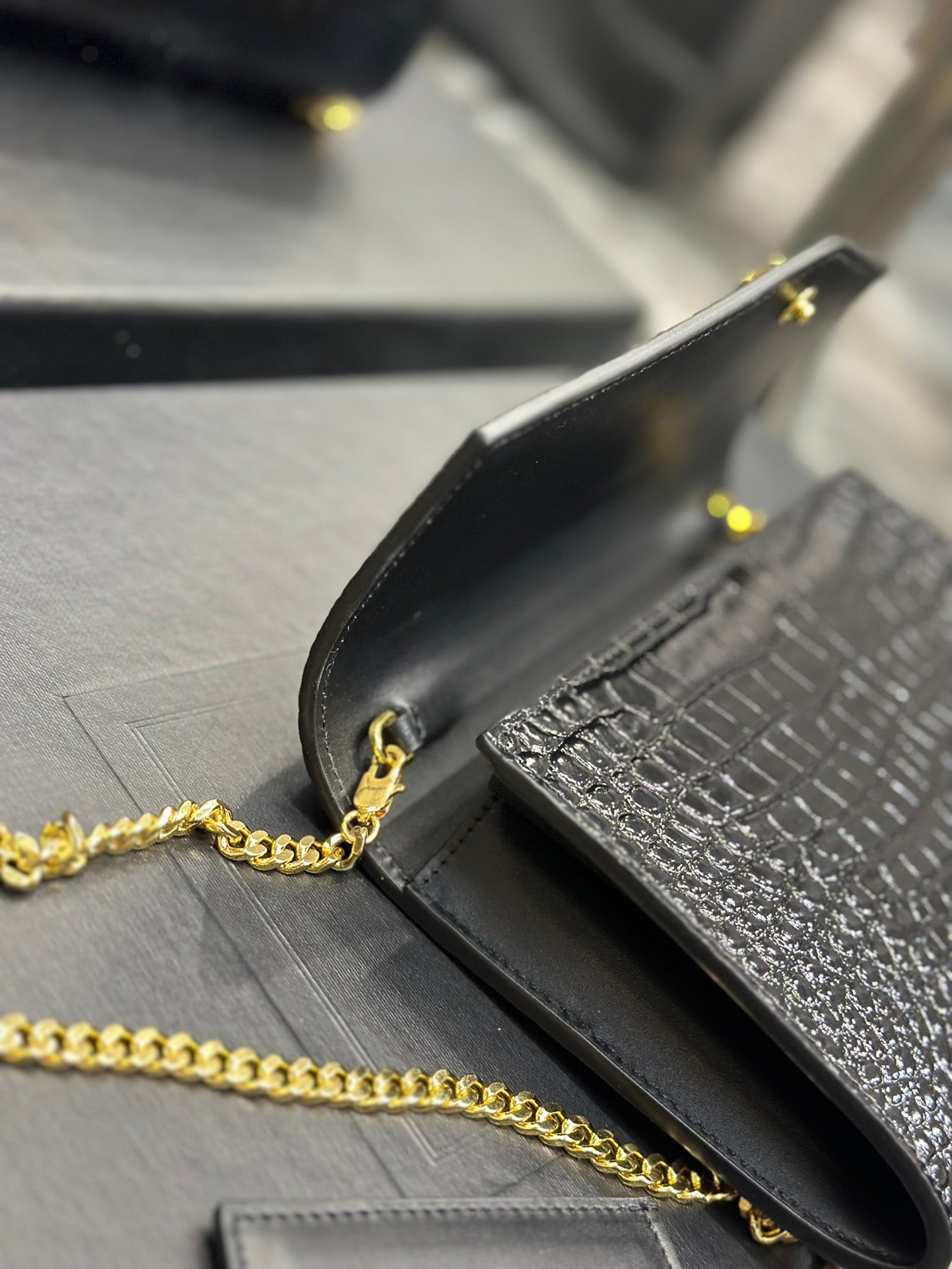 Saint Laurent YSL Black Crocodile-Embossed Leather Wallet on Chain with Cardholder