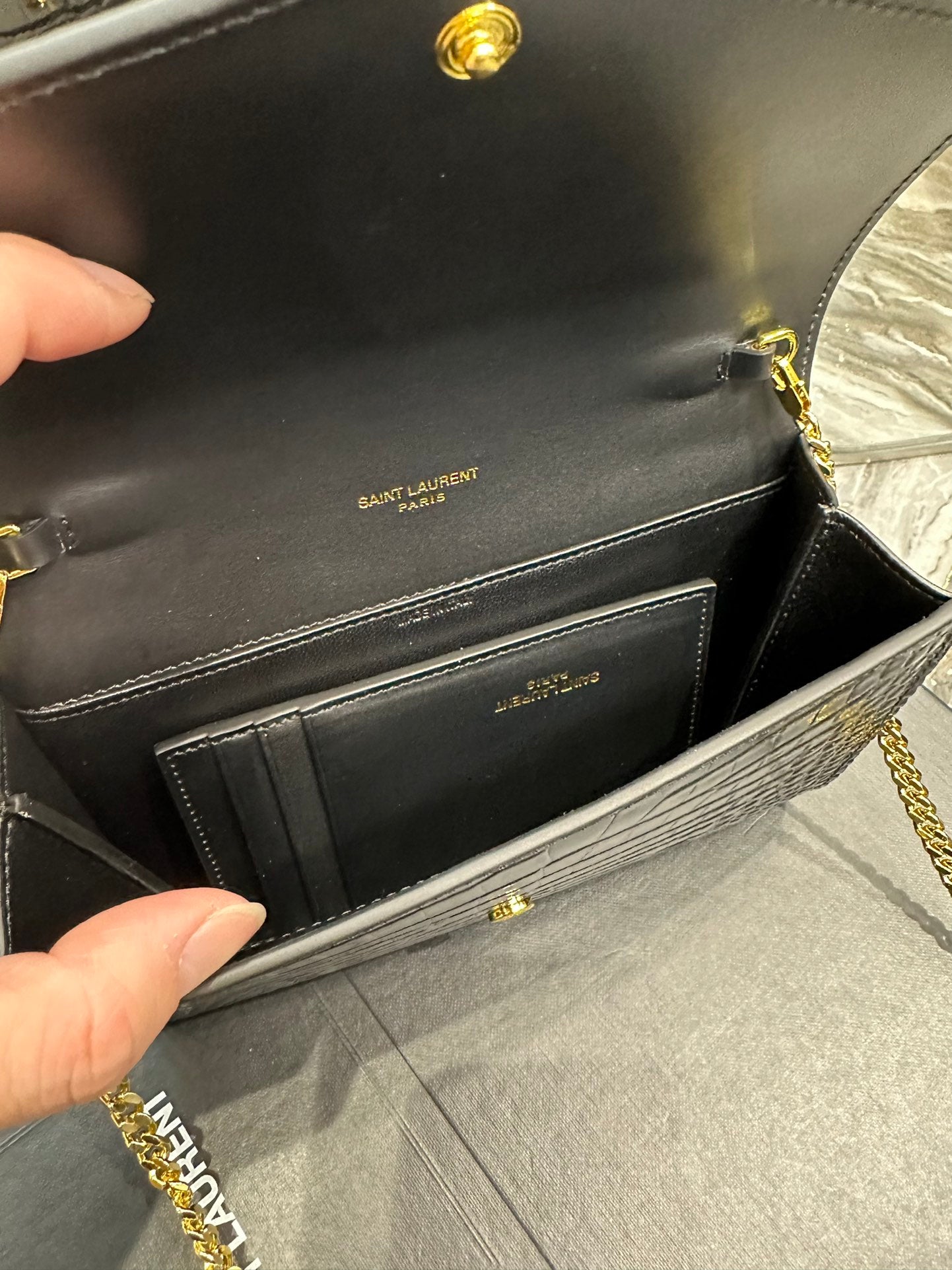 Saint Laurent YSL Black Crocodile-Embossed Leather Wallet on Chain with Cardholder