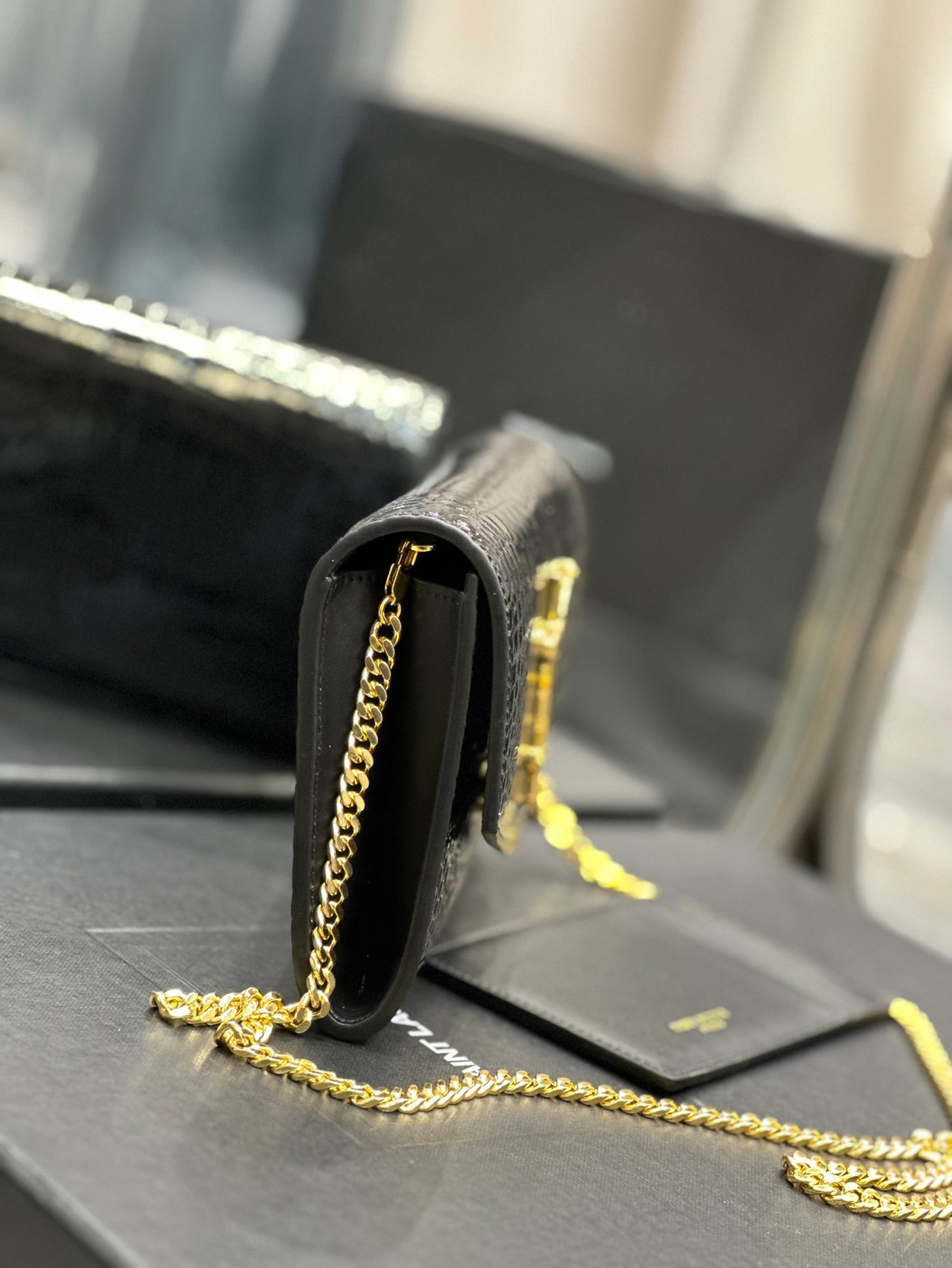 Saint Laurent YSL Black Crocodile-Embossed Leather Wallet on Chain with Cardholder