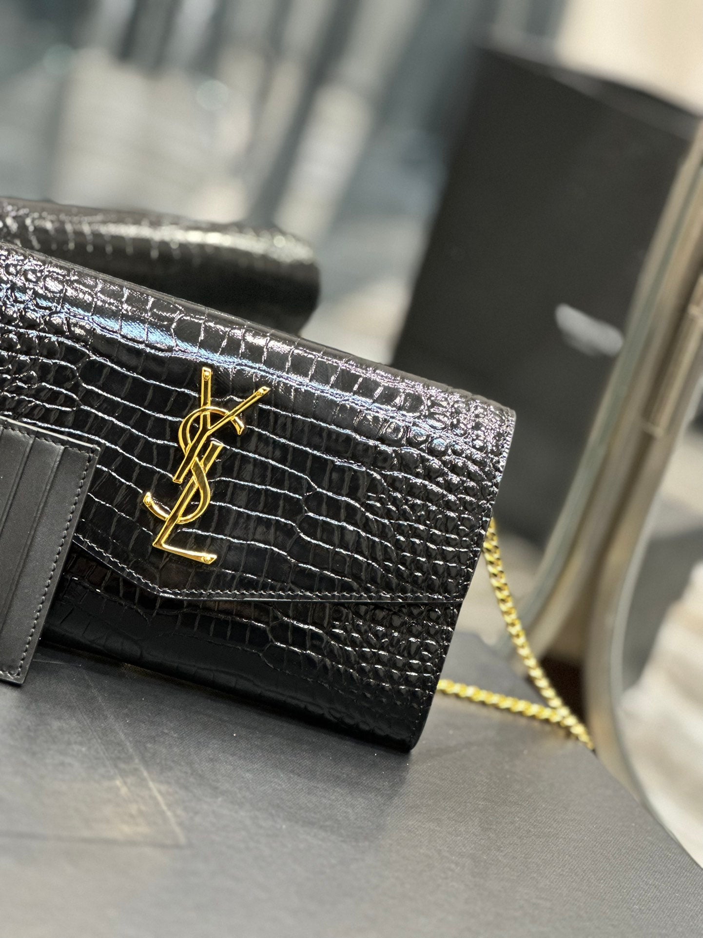 Saint Laurent YSL Black Crocodile-Embossed Leather Wallet on Chain with Cardholder