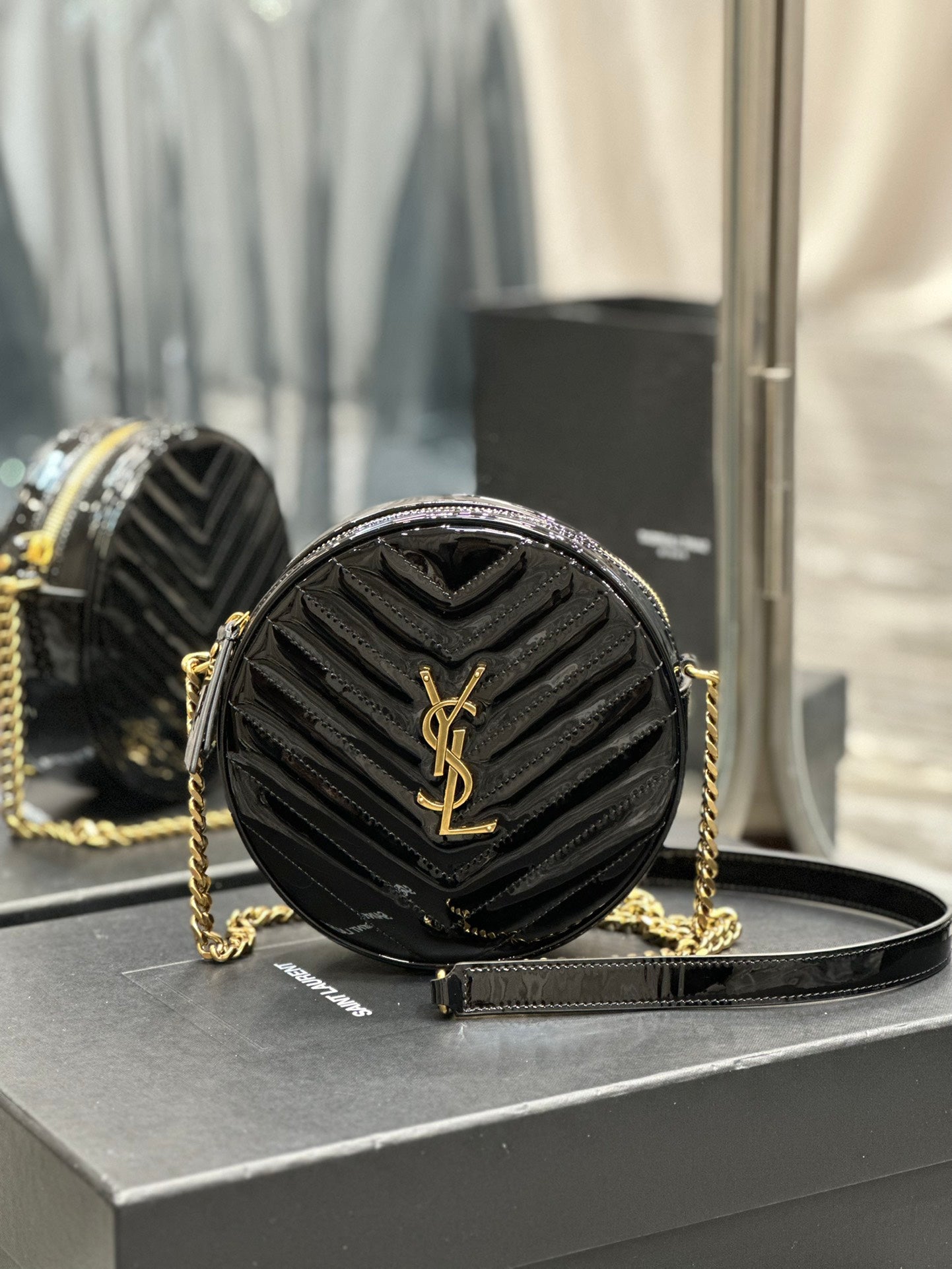 Saint Laurent Vinyle Round Camera Bag in Chevron-Quilted Leather - Black
