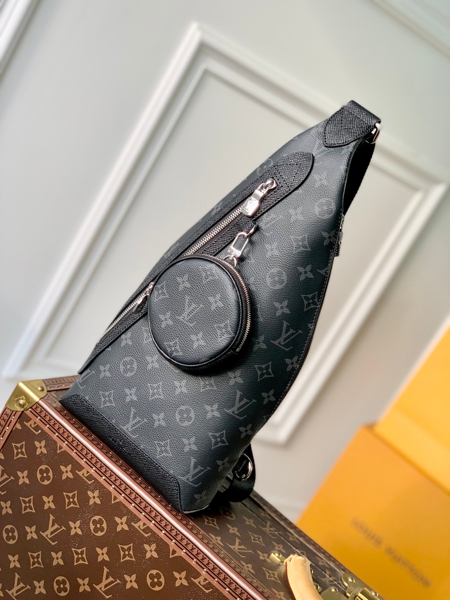 Louis Vuitton Dark Grey Monogram Sling Crossbody Bag with Detachable Pouch