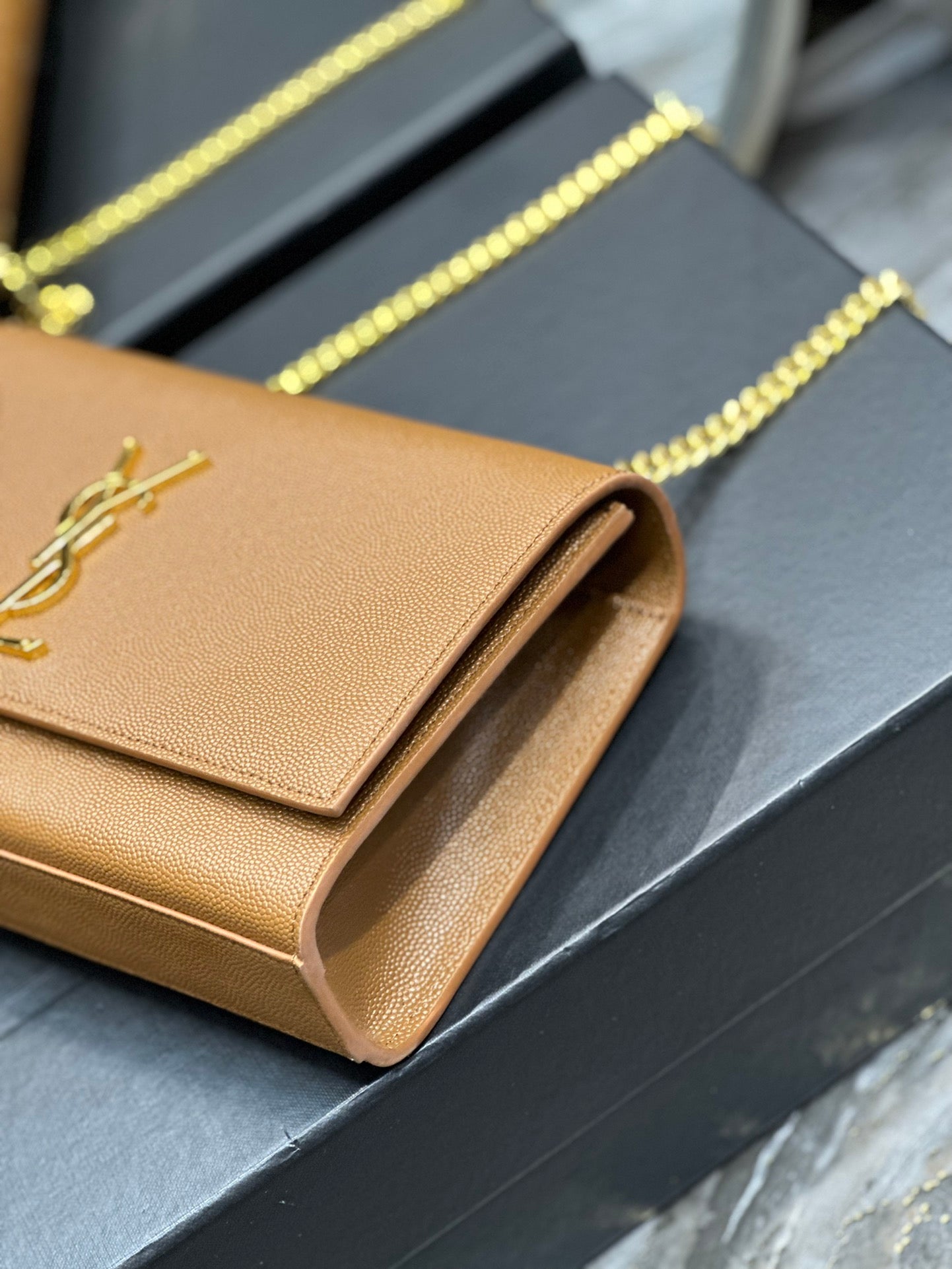 Saint Laurent Monogram Kate Chain Wallet in Tan Grain de Poudre Leather