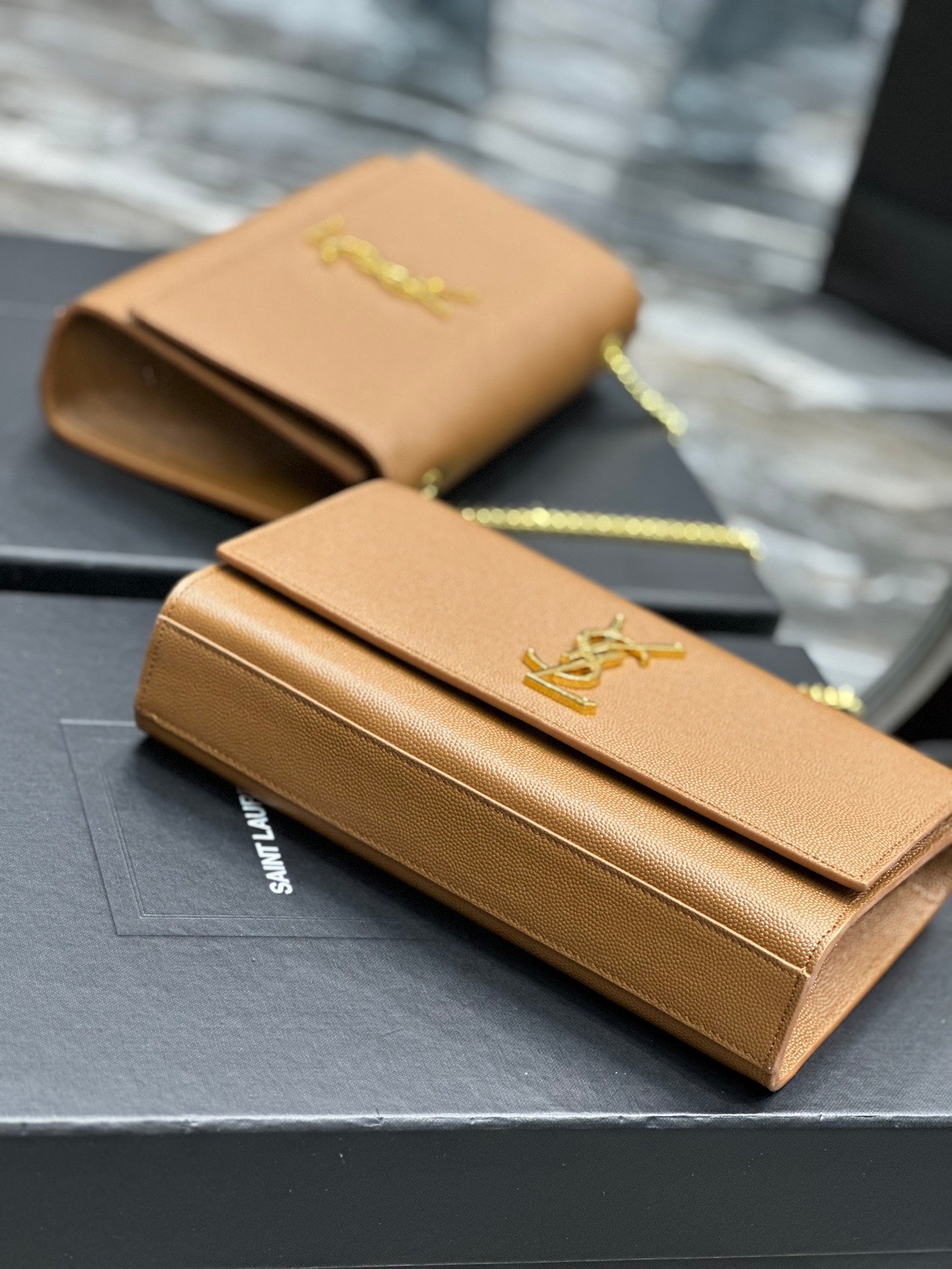 Saint Laurent Monogram Kate Chain Wallet in Tan Grain de Poudre Leather