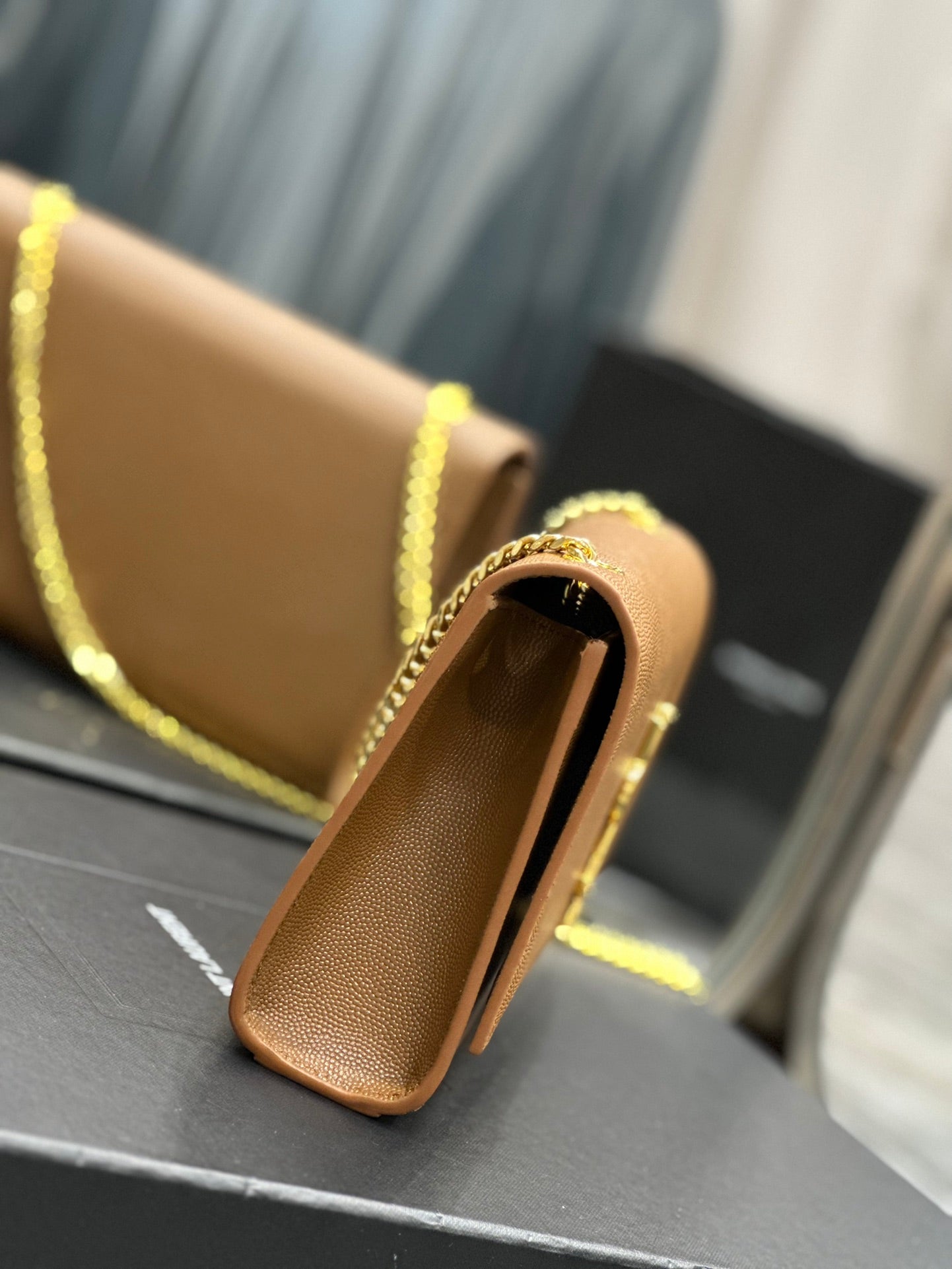 Saint Laurent Monogram Kate Chain Wallet in Tan Grain de Poudre Leather