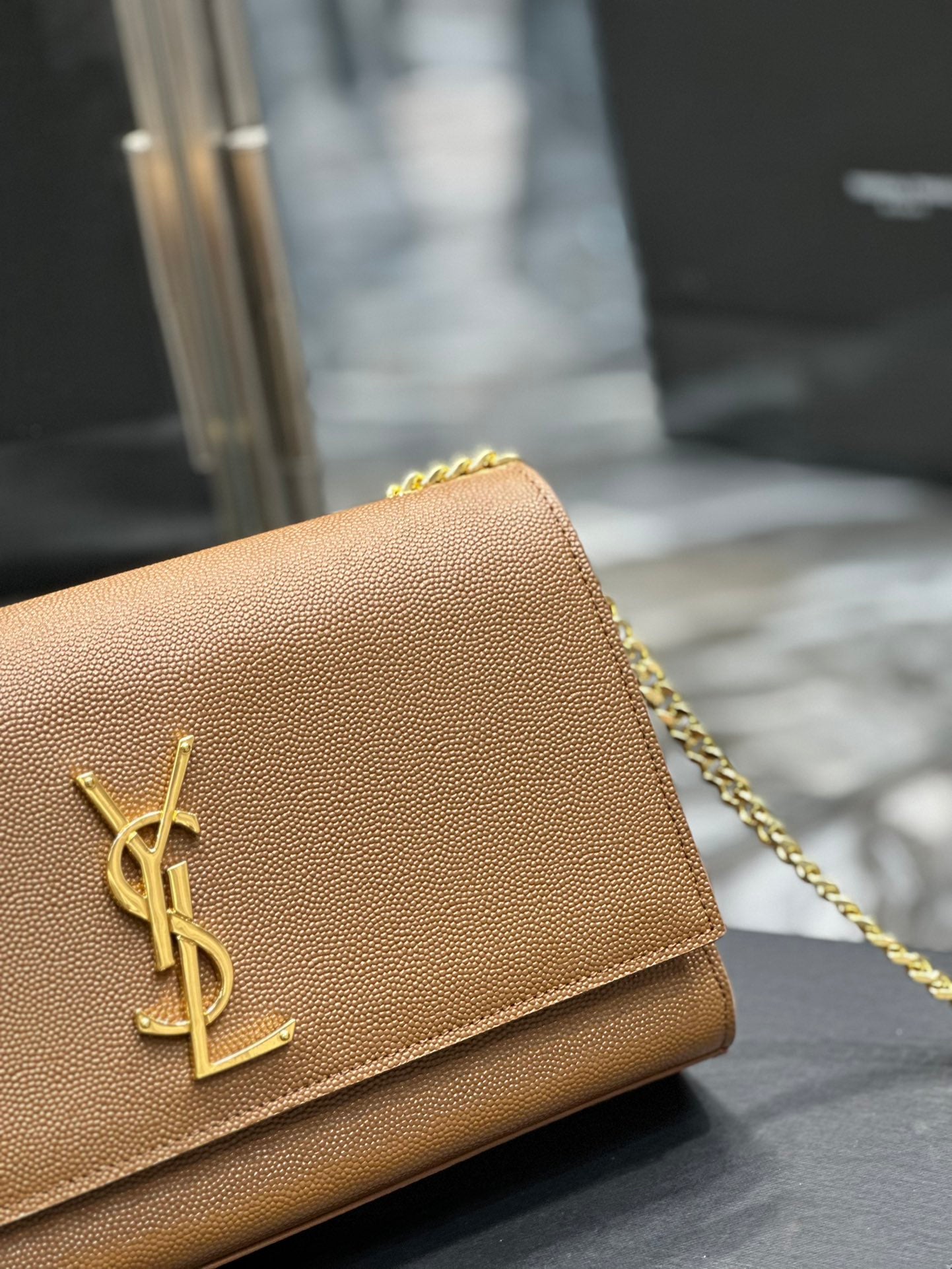 Saint Laurent Monogram Kate Chain Wallet in Tan Grain de Poudre Leather