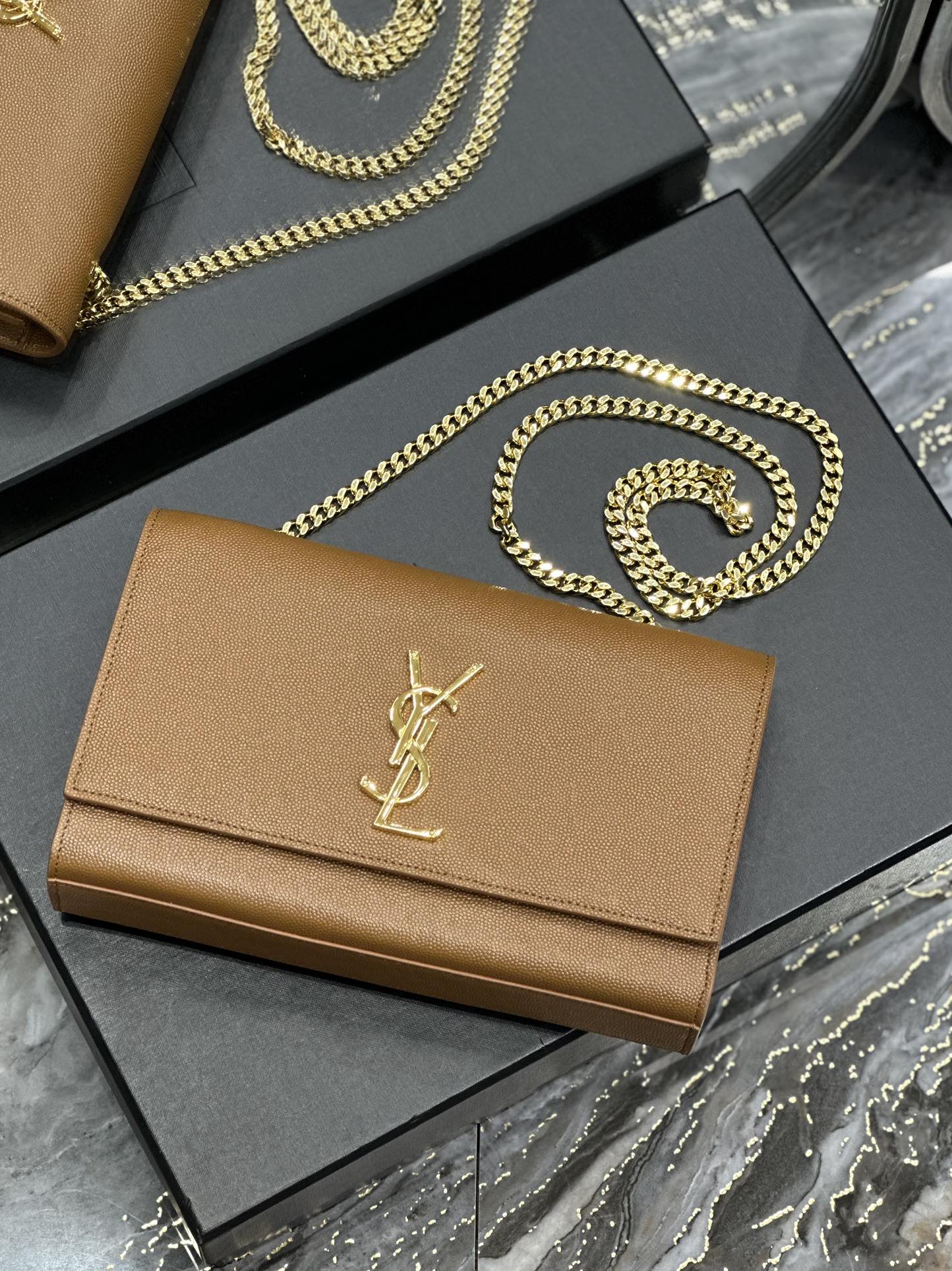 Saint Laurent Monogram Kate Chain Wallet in Tan Grain de Poudre Leather