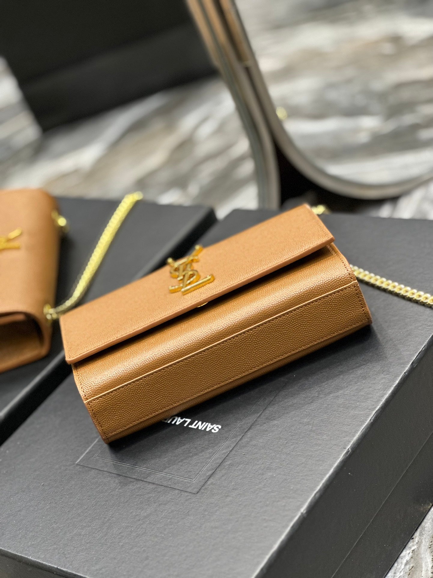 Saint Laurent Cassandra Mini Grained Leather Shoulder Bag in Tan