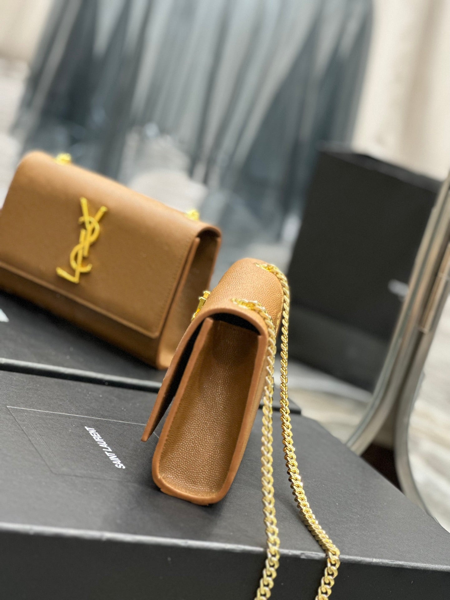 Saint Laurent Cassandra Mini Grained Leather Shoulder Bag in Tan