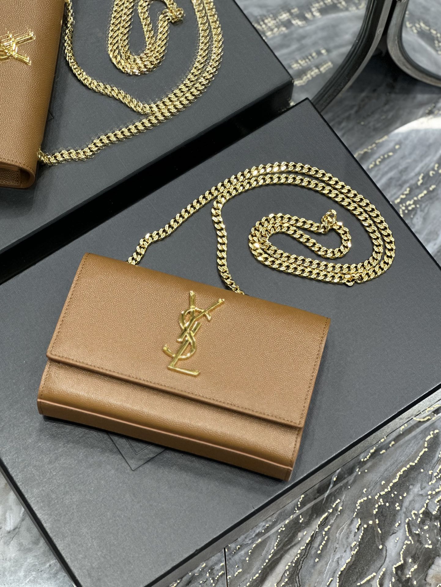 Saint Laurent Cassandra Mini Grained Leather Shoulder Bag in Tan