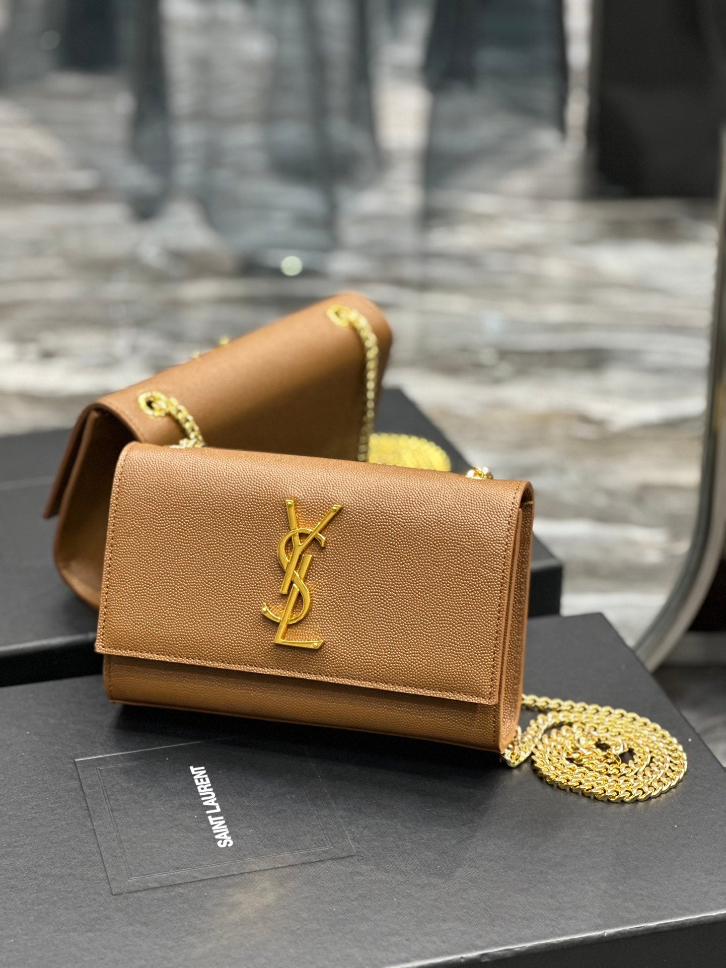 Saint Laurent Cassandra Mini Grained Leather Shoulder Bag in Tan