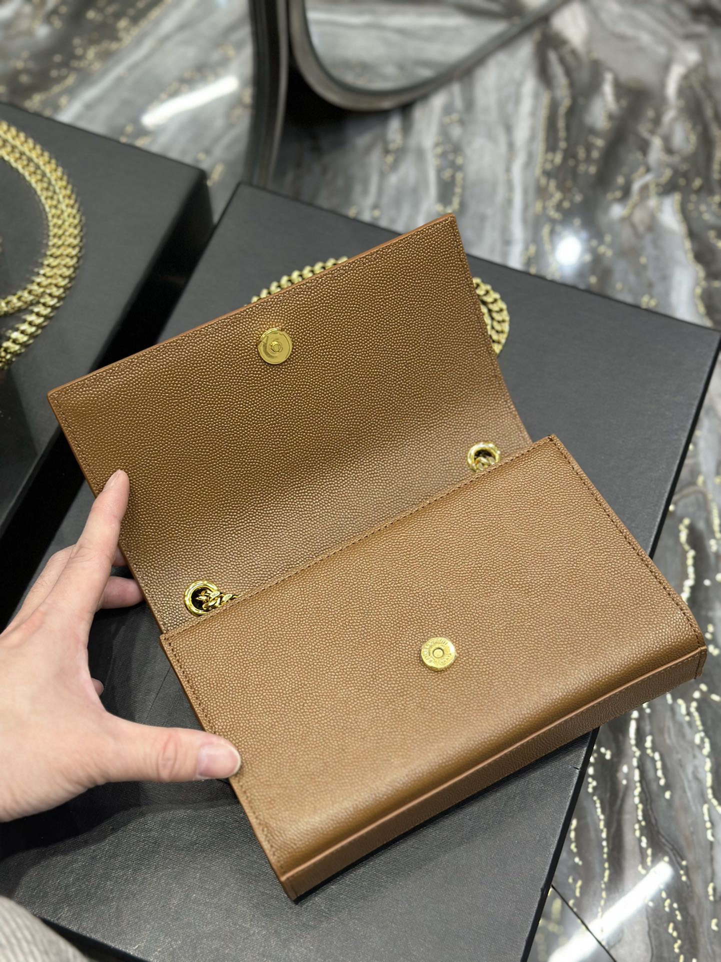 Saint Laurent Cassandra Mini Grained Leather Shoulder Bag in Tan