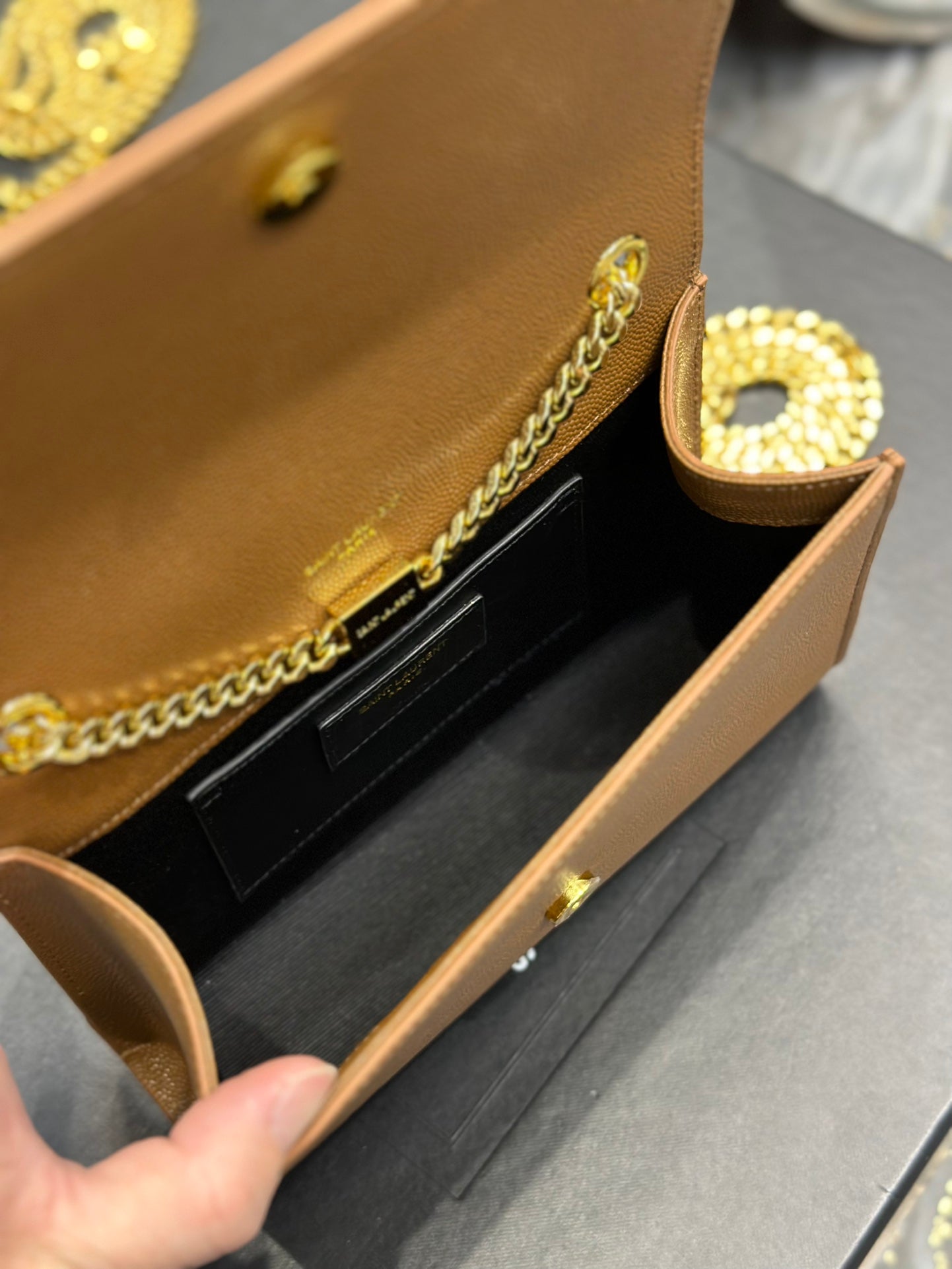 Saint Laurent Cassandra Mini Grained Leather Shoulder Bag in Tan