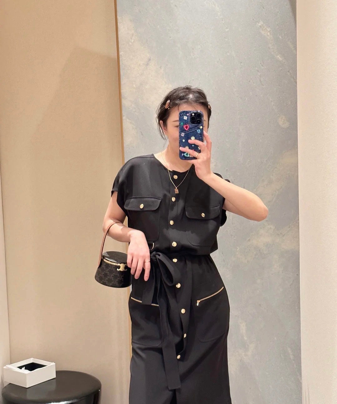Women's Black Short Sleeve Button-Down Midi Dress with Belt and Utility Pockets