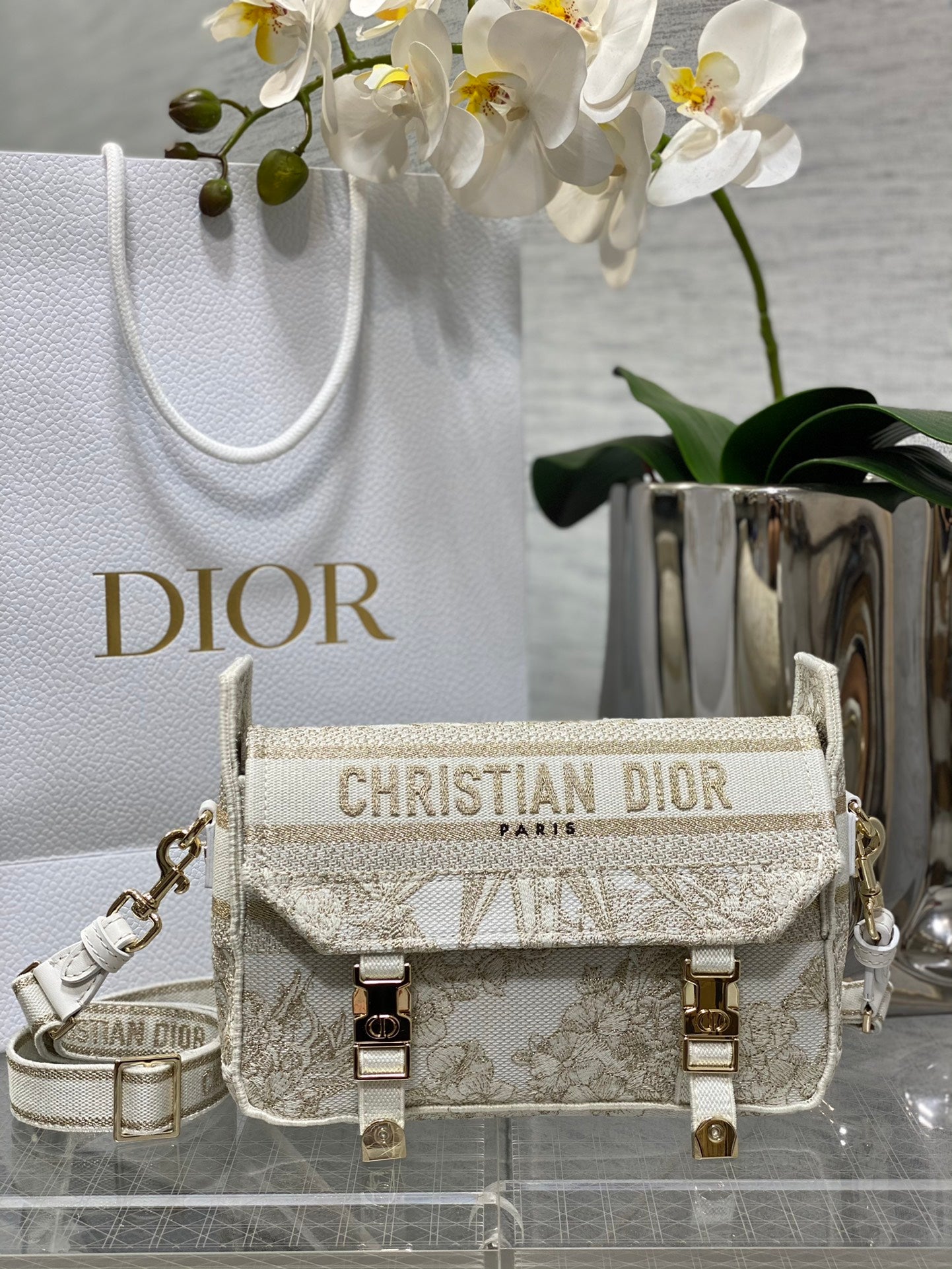 Christian Dior Small DiorCamp Bag in White and Gold Embroidered Canvas