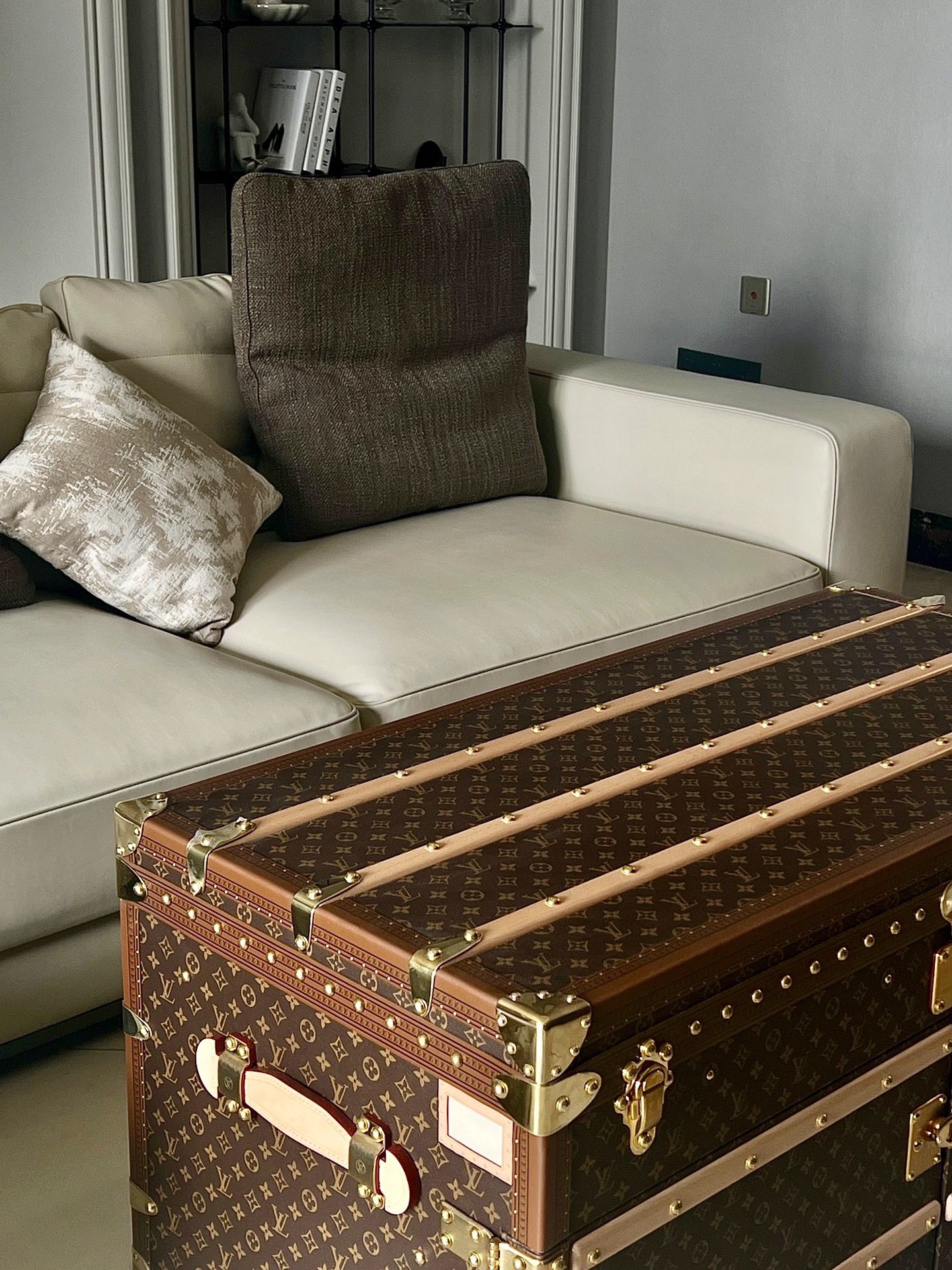 Vintage Trunk Coffee Table with Monogram Pattern and Glass Top