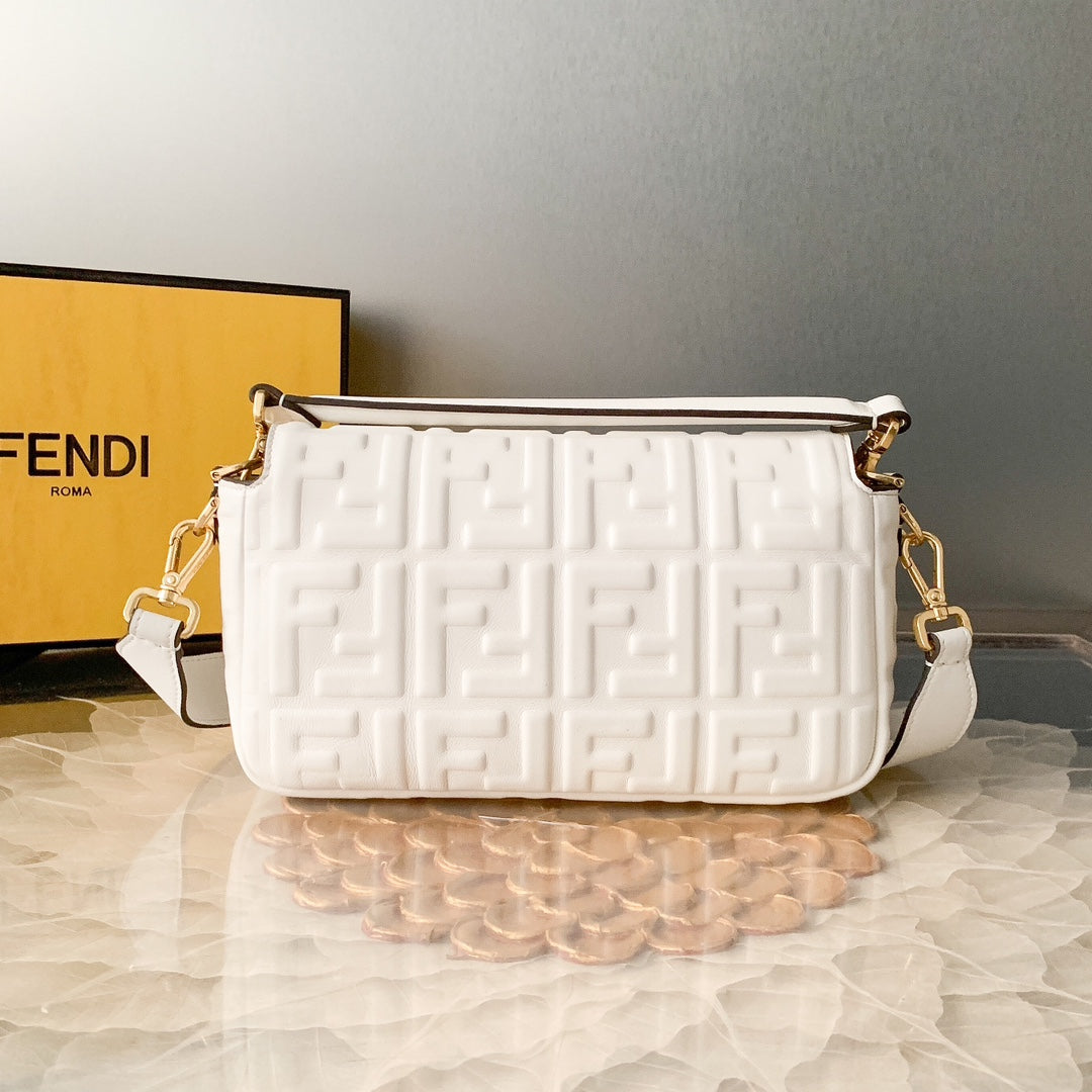 Fendi Baguette White Embossed FF Leather Shoulder Bag with Gold Hardware