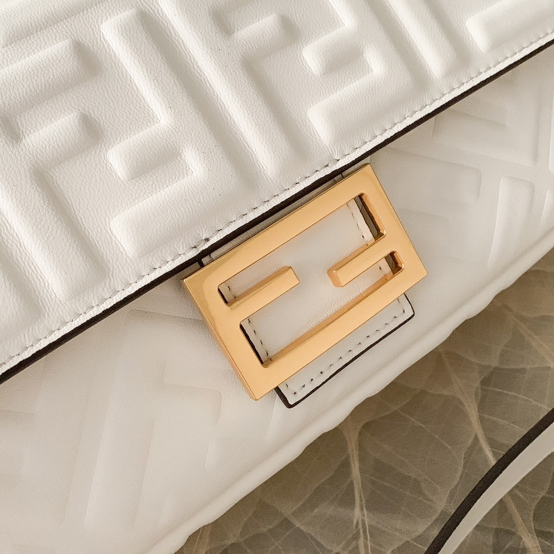 Fendi Baguette White Embossed FF Leather Shoulder Bag with Gold Hardware
