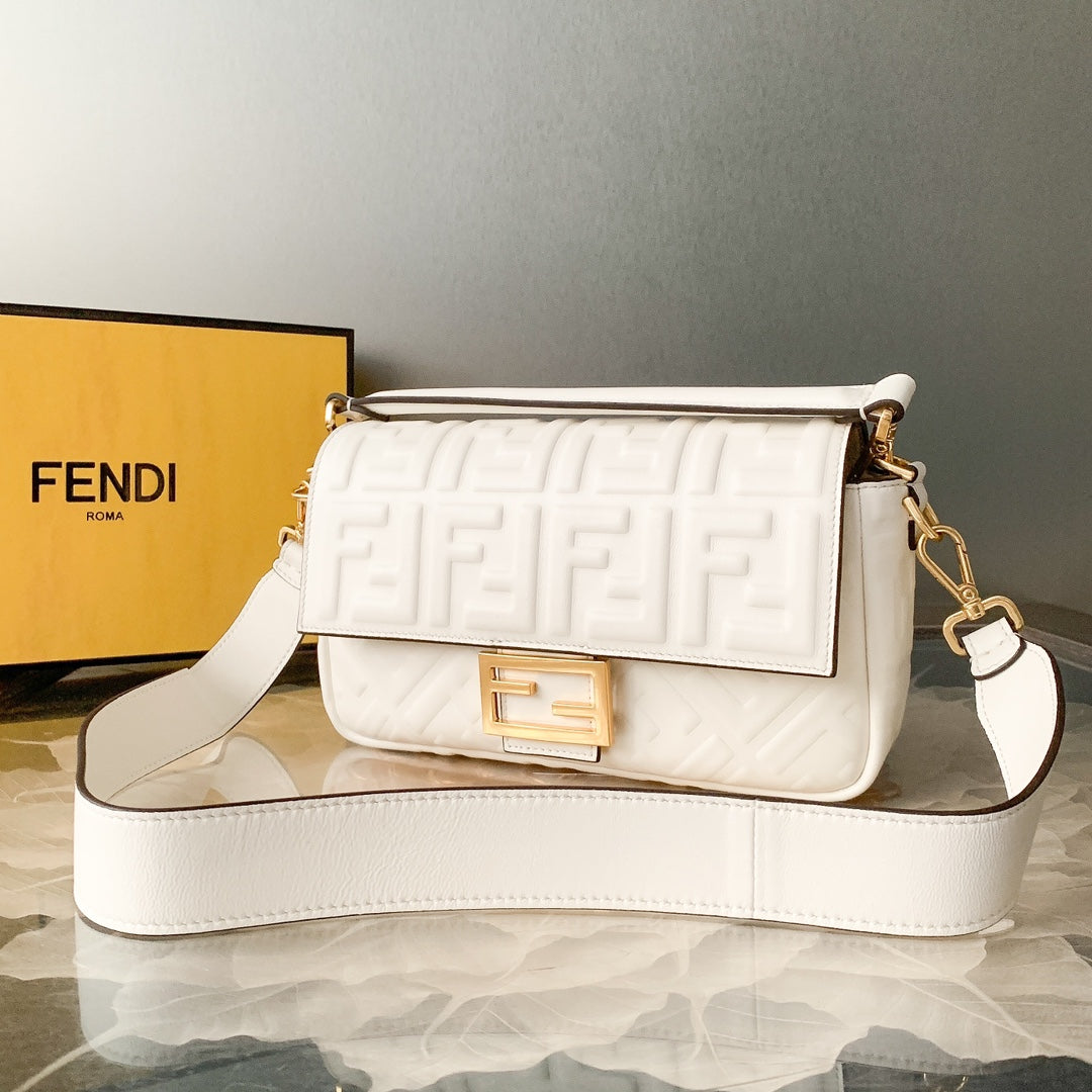 Fendi Baguette White Embossed FF Leather Shoulder Bag with Gold Hardware