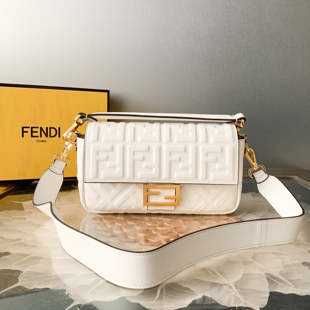 Fendi Baguette White Embossed FF Leather Shoulder Bag with Gold Hardware