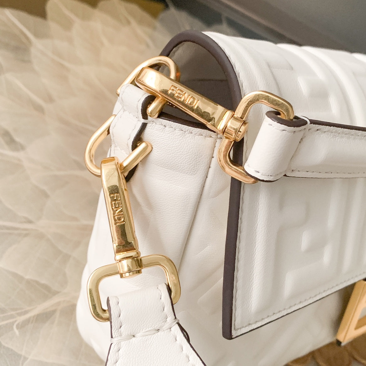 Fendi Baguette White Embossed FF Leather Shoulder Bag with Gold Hardware