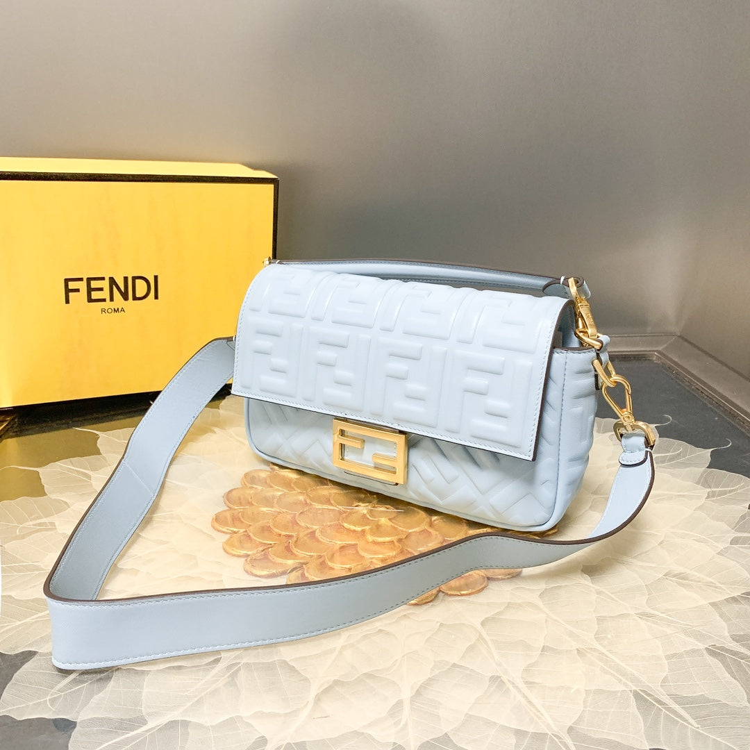 Fendi Light Blue FF Embossed Leather Baguette Bag with Gold Hardware