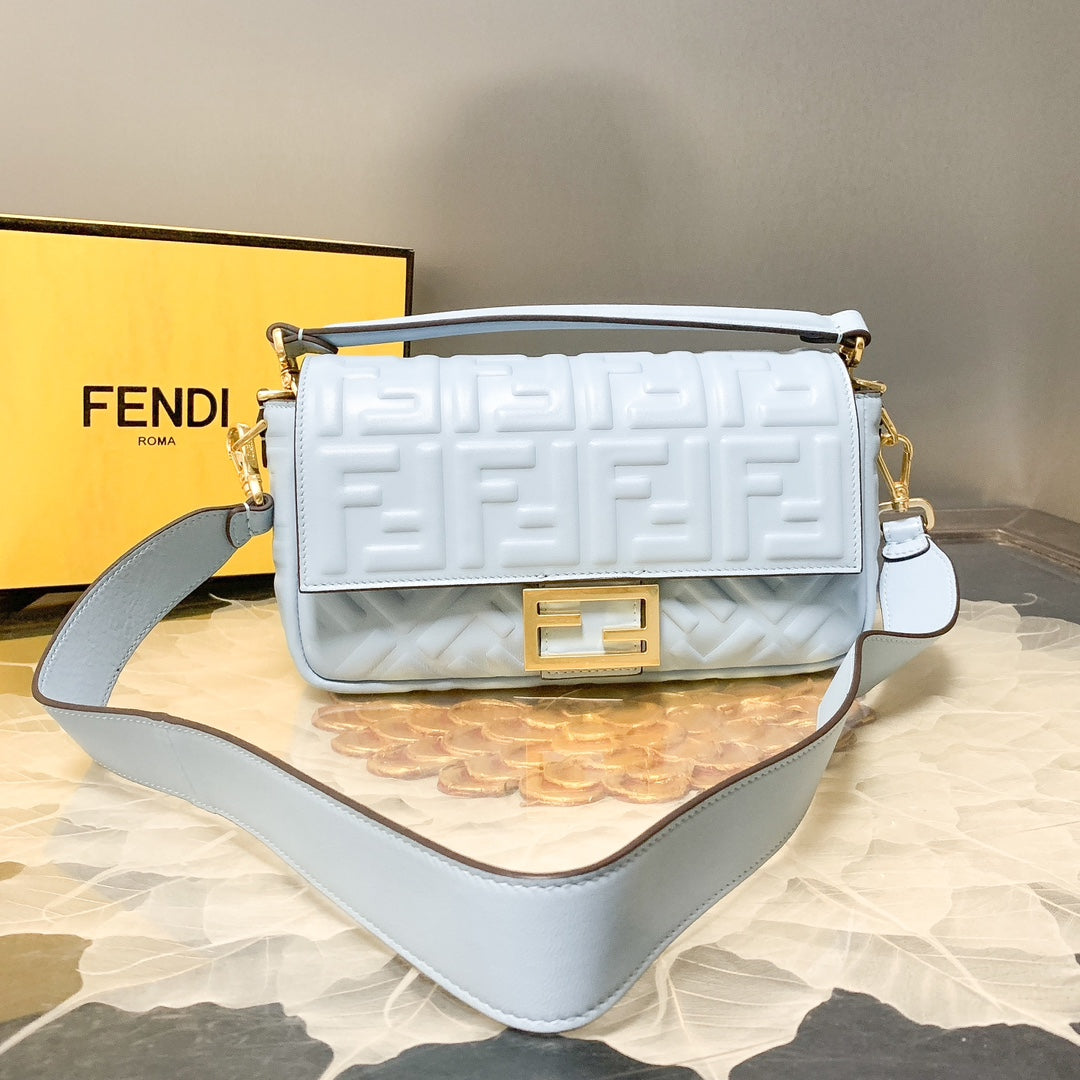 Fendi Light Blue FF Embossed Leather Baguette Bag with Gold Hardware