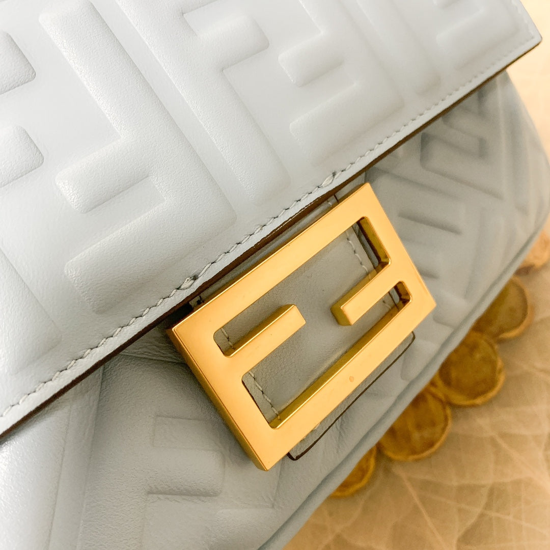 Fendi Light Blue FF Embossed Leather Baguette Bag with Gold Hardware