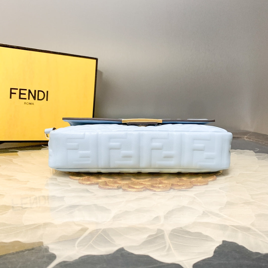 Fendi Light Blue FF Embossed Leather Baguette Bag with Gold Hardware